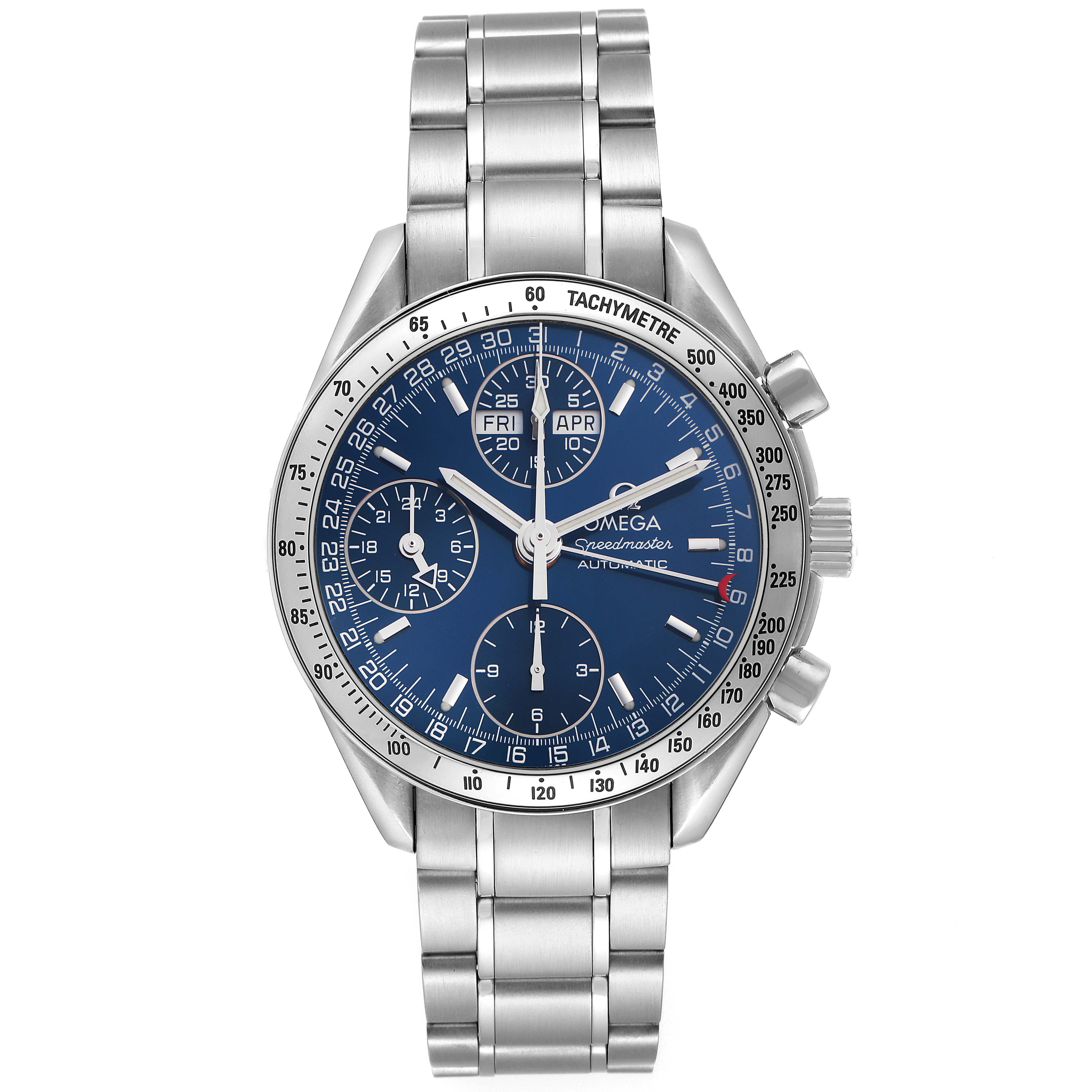 The Omega Speedmaster 3523.80.00 Men
s Stainless Steel Blue Dial 3523.80.00 Men
s Stainless Steel Blue Dial watch is shown from the front, displaying its face, tachymeter bezel, chronograph dials, and bracelet.