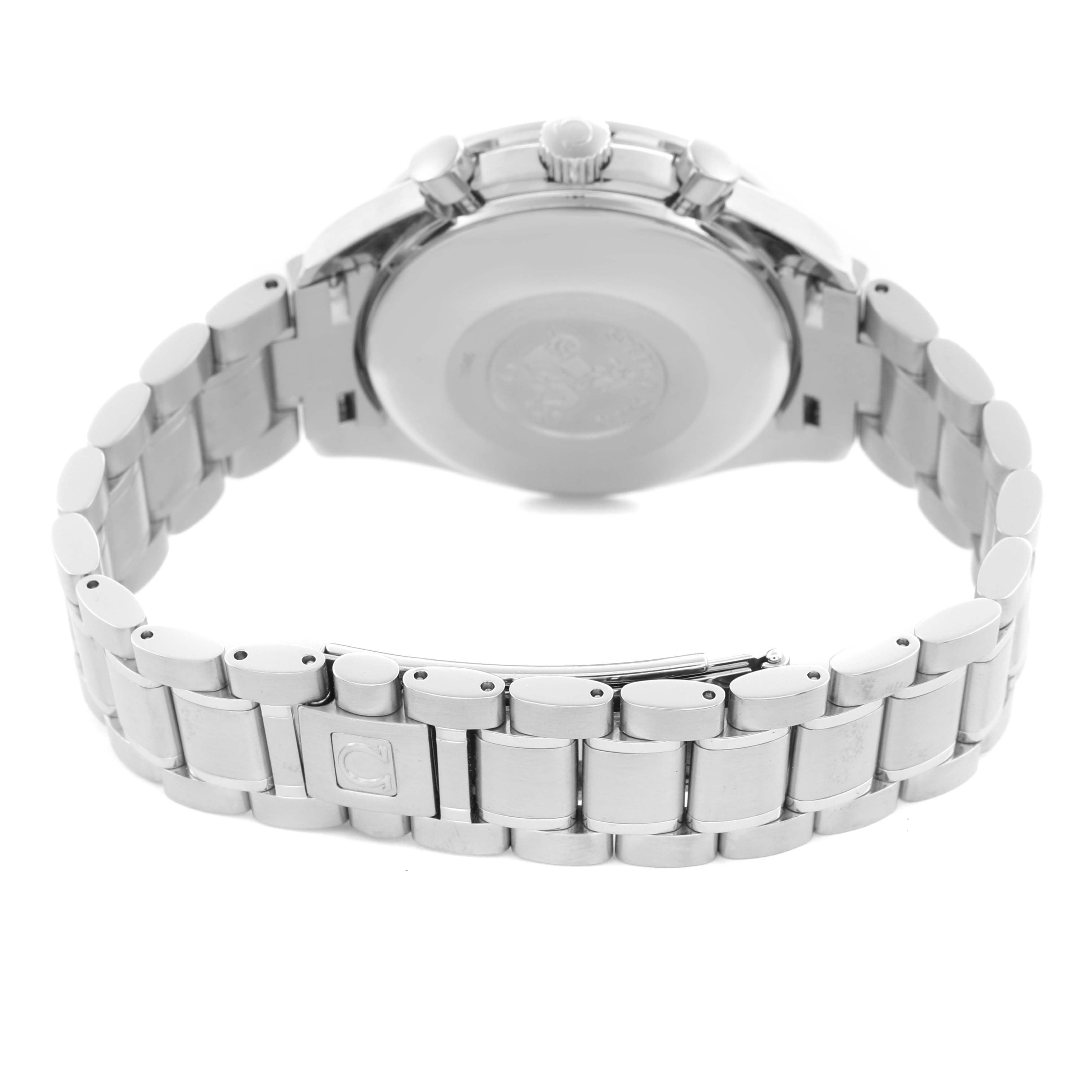 The Omega Speedmaster 3523.80.00 Men
s Stainless Steel Blue Dial 3523.80.00 Men
s Stainless Steel Blue Dial watch is shown from the back, highlighting the case back, bracelet, and clasp.