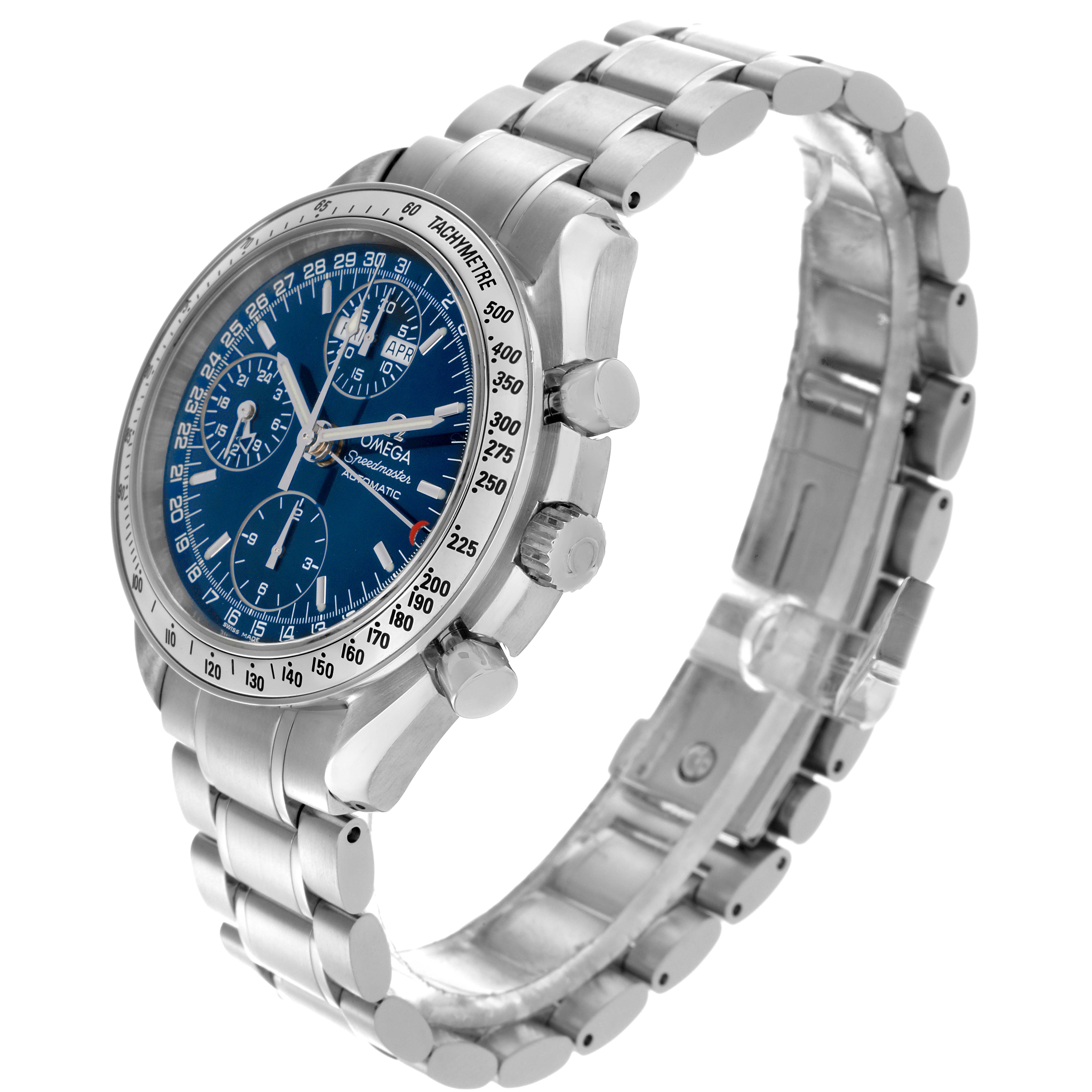 The Omega Speedmaster 3523.80.00 Men
s Stainless Steel Blue Dial 3523.80.00 Men
s Stainless Steel Blue Dial watch is shown at a tilted angle, highlighting its dial, bezel, and stainless steel bracelet.