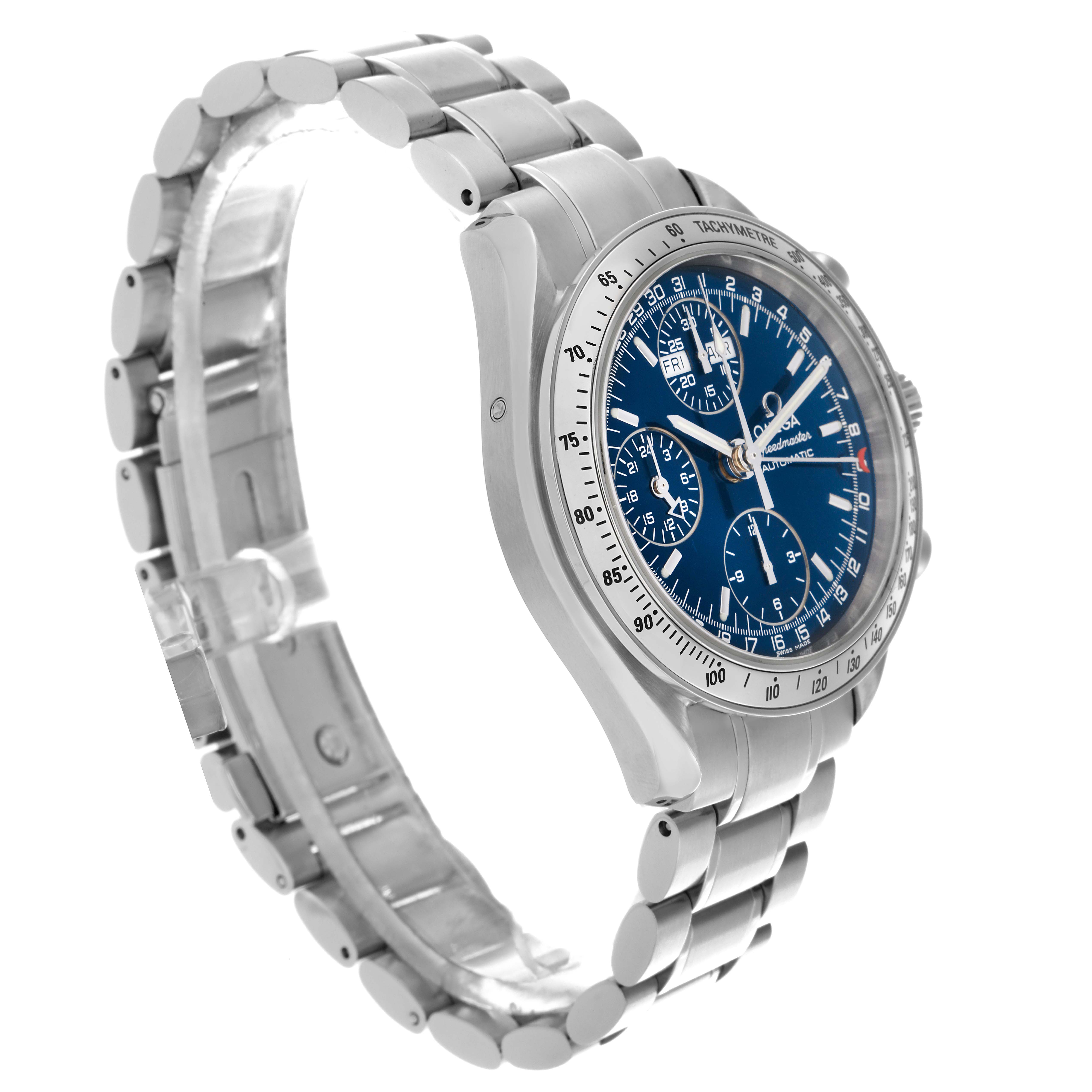 The Omega Speedmaster 3523.80.00 Men
s Stainless Steel Blue Dial 3523.80.00 Men
s Stainless Steel Blue Dial watch is shown at a three-quarter angle, displaying the bracelet, case, dial, and tachymeter bezel.