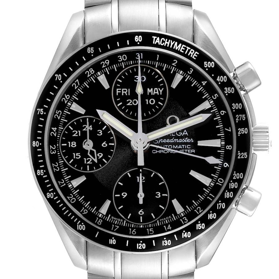 The Omega Speedmaster watch is shown from a front angle, highlighting the dial, tachymeter, and subdials.