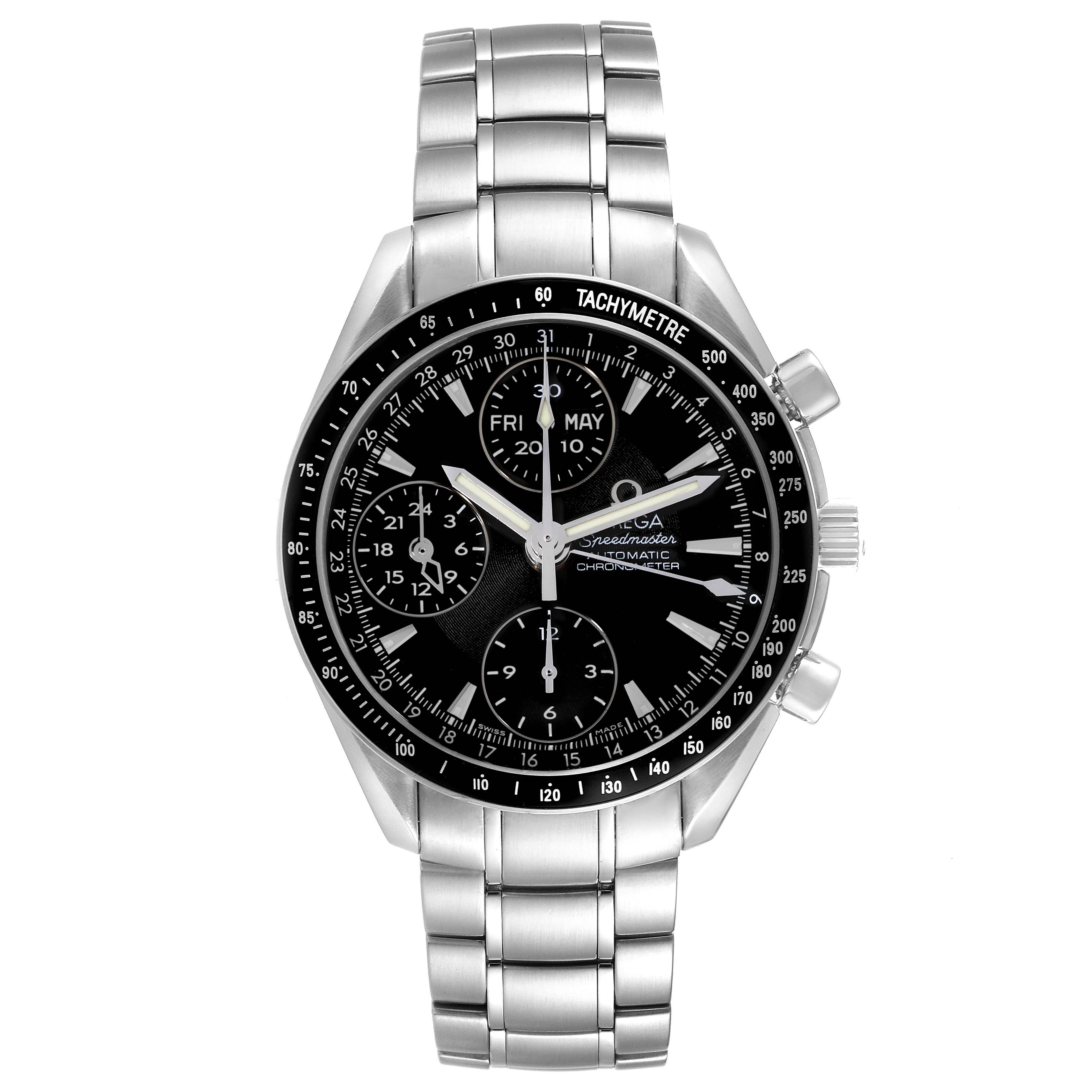 The Omega Speedmaster 3220.50.00 Men
s Stainless Steel Black Dial 3220.50.00 Men
s Stainless Steel Black Dial watch is shown from a front angle, displaying its dial, tachymetre bezel, and metal bracelet.