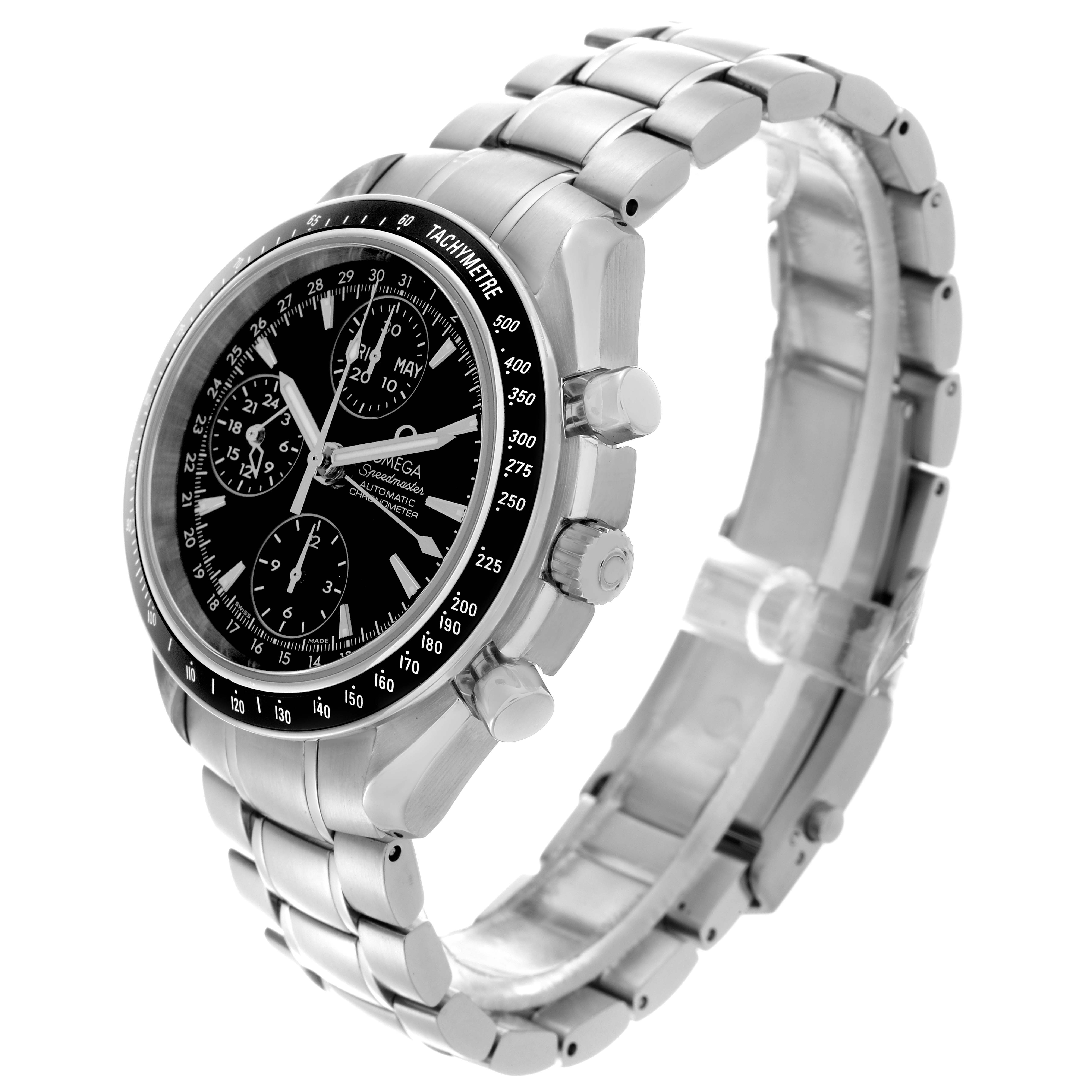 The Omega Speedmaster 3220.50.00 Men
s Stainless Steel Black Dial 3220.50.00 Men
s Stainless Steel Black Dial is shown at a three-quarter angle, highlighting the face, bezel, side pushers, and stainless steel bracelet.