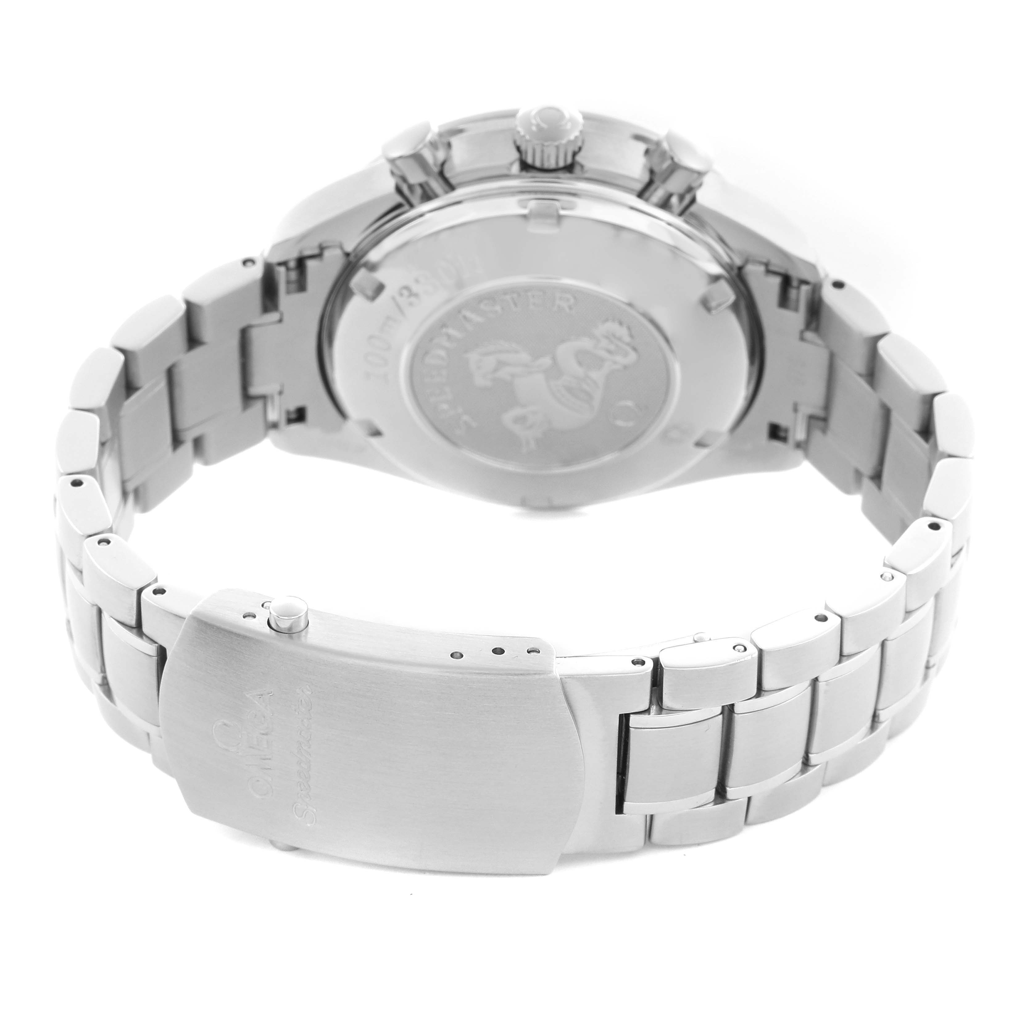 The Omega Speedmaster 3220.50.00 Men
s Stainless Steel Black Dial 3220.50.00 Men
s Stainless Steel Black Dial watch is shown from the back, highlighting the clasp, bracelet, and case back details.