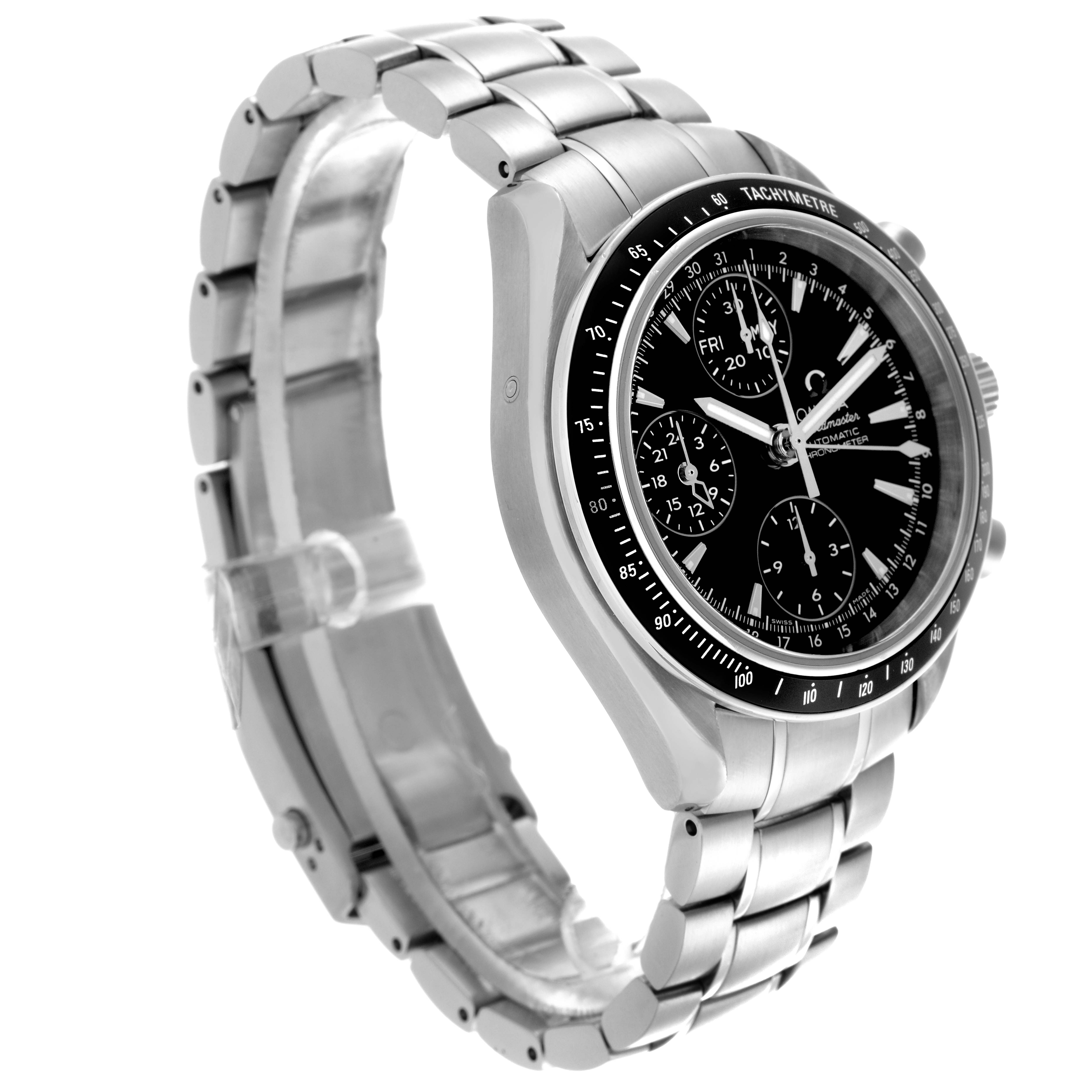 The Omega Speedmaster 3220.50.00 Men
s Stainless Steel Black Dial 3220.50.00 Men
s Stainless Steel Black Dial is shown at an angled side view, highlighting the dial, tachymeter bezel, and bracelet.