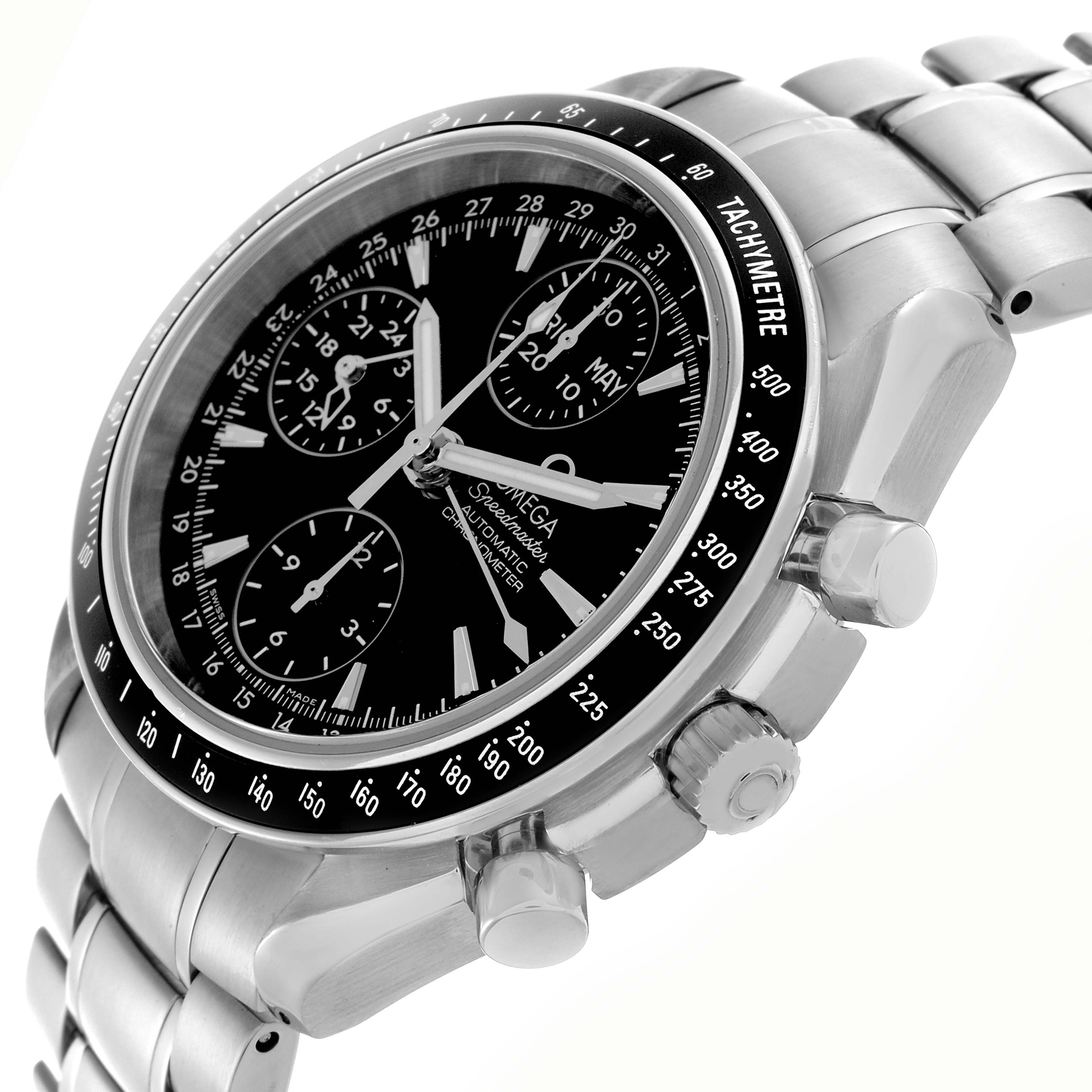 The Omega Speedmaster 3220.50.00 Men
s Stainless Steel Black Dial 3220.50.00 Men
s Stainless Steel Black Dial watch is shown at an angle highlighting the face, bezel, crown, and pushers.