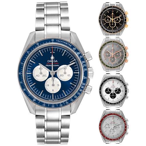 The image shows a front view of multiple Omega Speedmaster 522.30.42.30.03.001 Men's Stainless Steel Black Dial watches, highlighting different dial colors and bezel variations.
