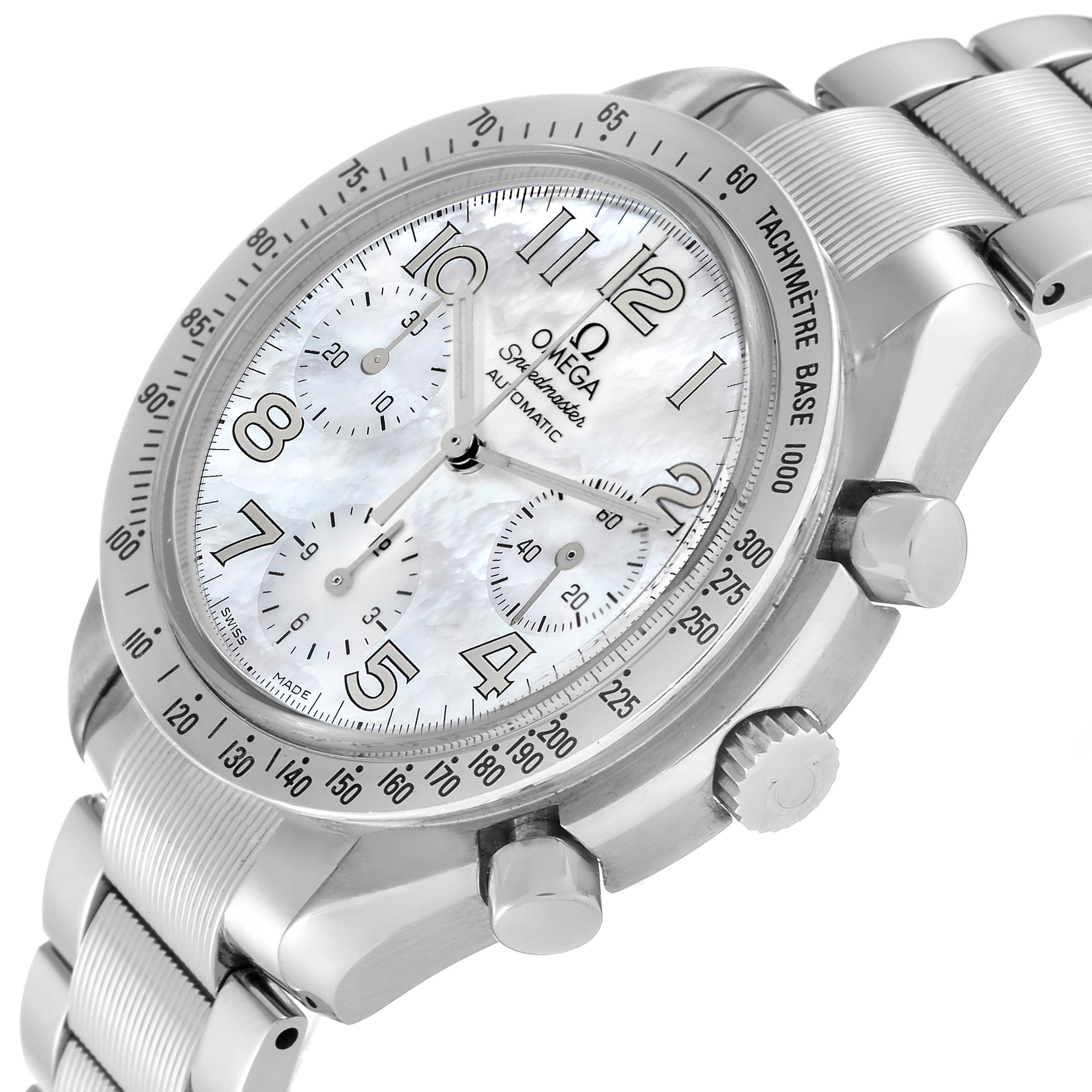 This image shows an angled view of the Omega Speedmaster 3534.70.00 Men's Stainless Steel Mother of Pearl Dial 3534.70.00 Men's Stainless Steel Mother of Pearl Dial watch, highlighting the face, bezel, and part of the stainless steel bracelet.
