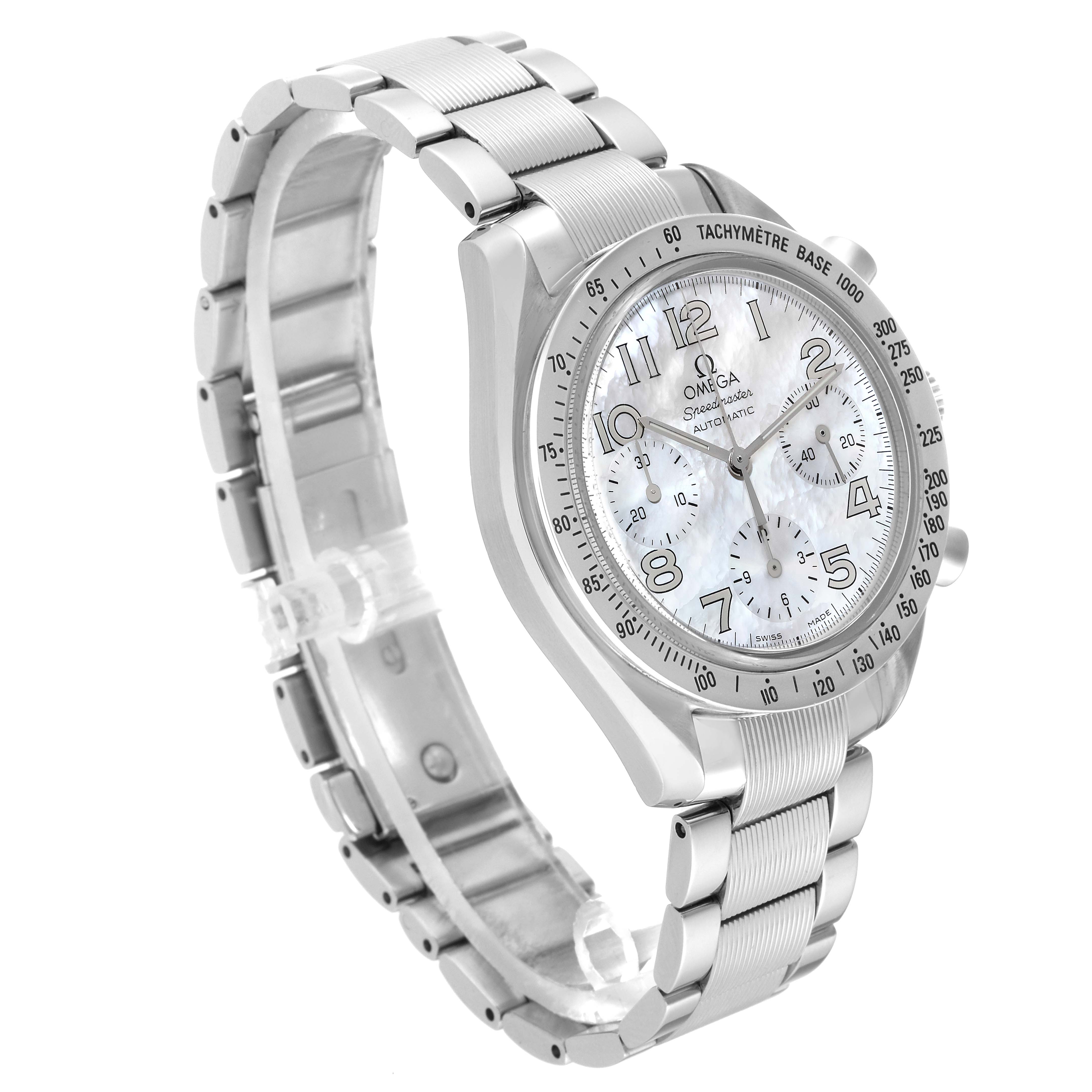 The Omega Speedmaster 3534.70.00 Men's Stainless Steel Mother of Pearl Dial 3534.70.00 Men's Stainless Steel Mother of Pearl Dial watch is shown from a front-right angle, displaying its face, bezel, and bracelet.