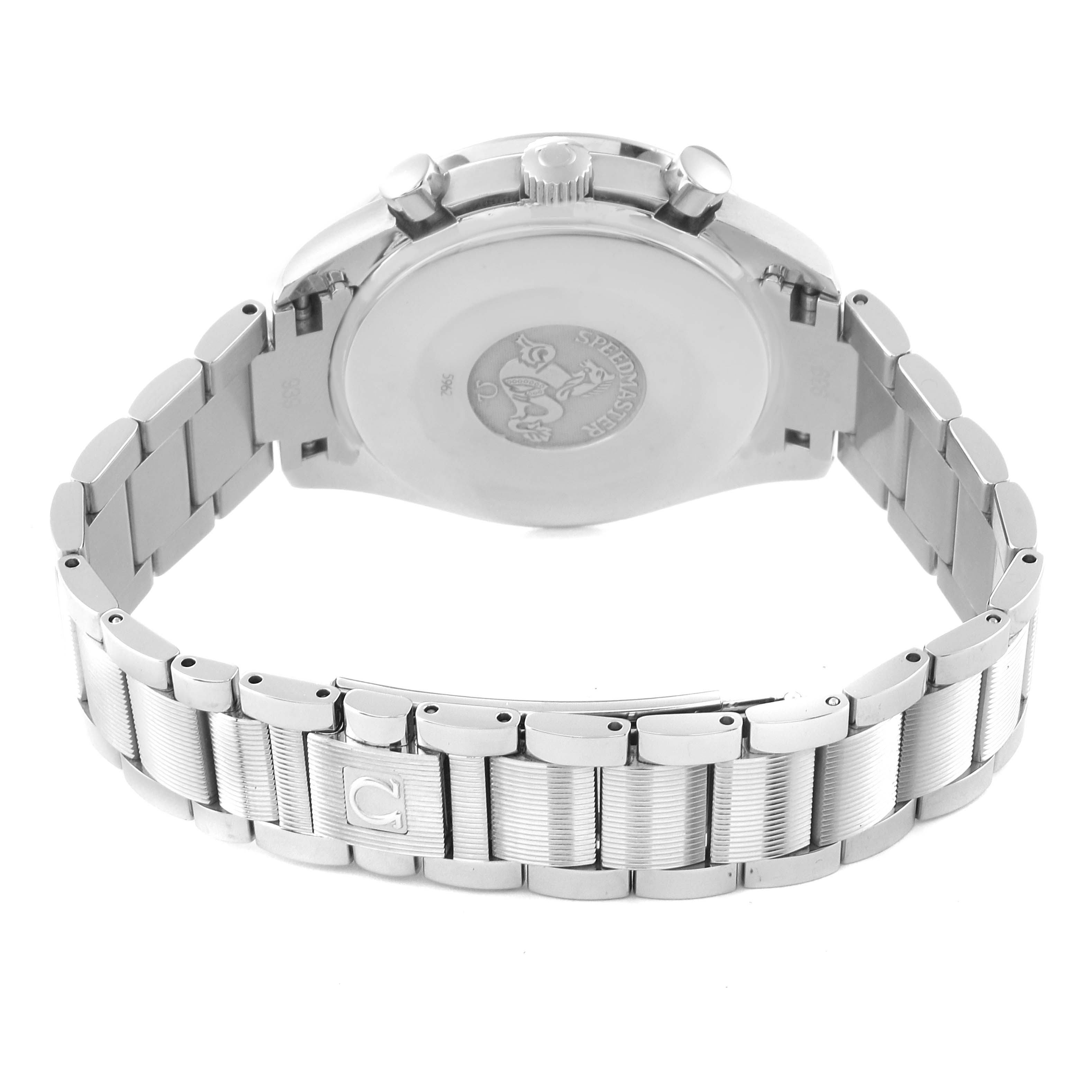 The image shows the back and bracelet of an Omega Speedmaster 3534.70.00 Men's Stainless Steel Mother of Pearl Dial 3534.70.00 Men's Stainless Steel Mother of Pearl Dial watch with visible clasp and pushers.