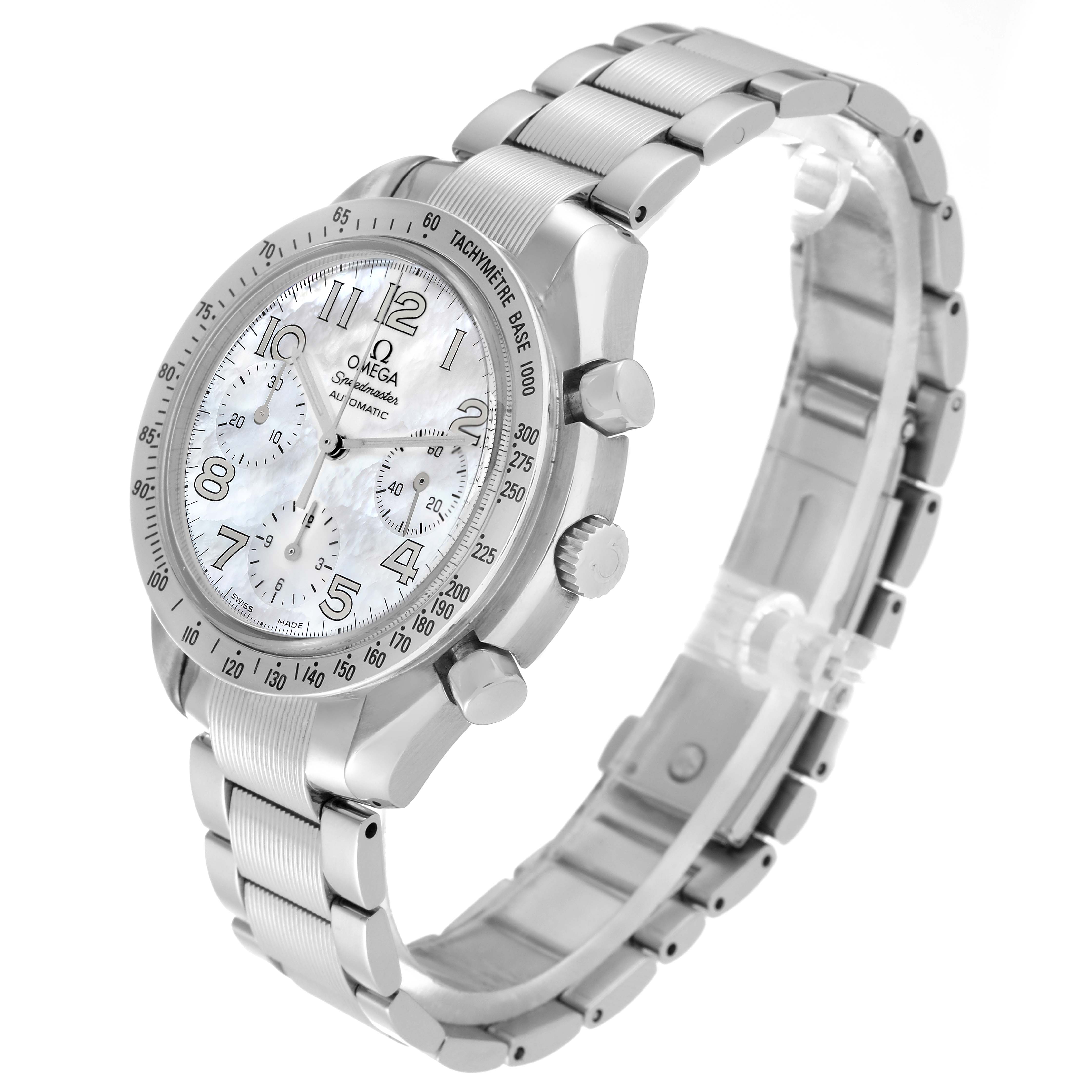 The Omega Speedmaster 3534.70.00 Men's Stainless Steel Mother of Pearl Dial 3534.70.00 Men's Stainless Steel Mother of Pearl Dial watch is shown from an angle emphasizing the face, bezel, crown, and stainless steel band.