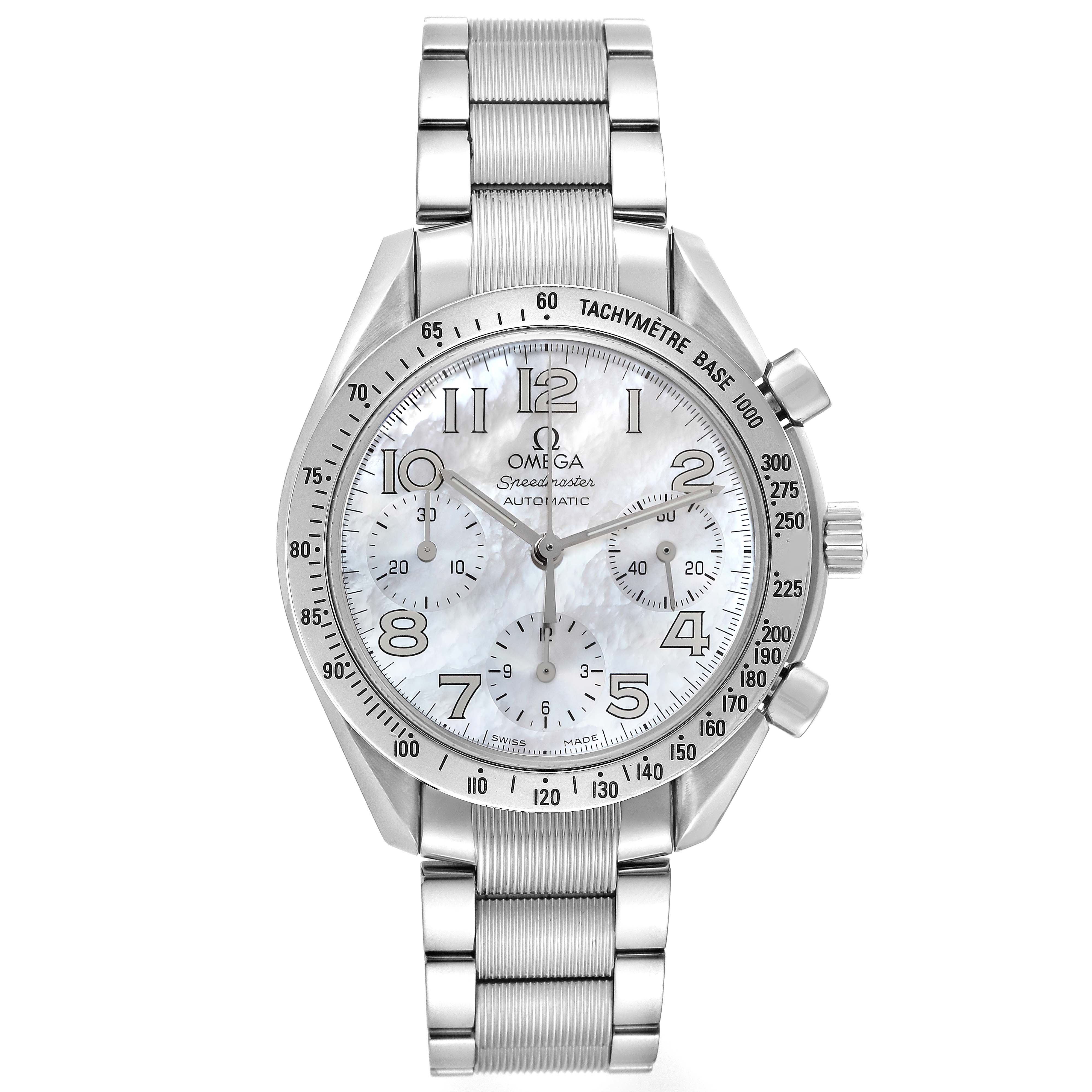 The image shows a front view of an Omega Speedmaster 3534.70.00 Men's Stainless Steel Mother of Pearl Dial 3534.70.00 Men's Stainless Steel Mother of Pearl Dial watch, displaying its dial, bezel, crown, pushers, and bracelet.