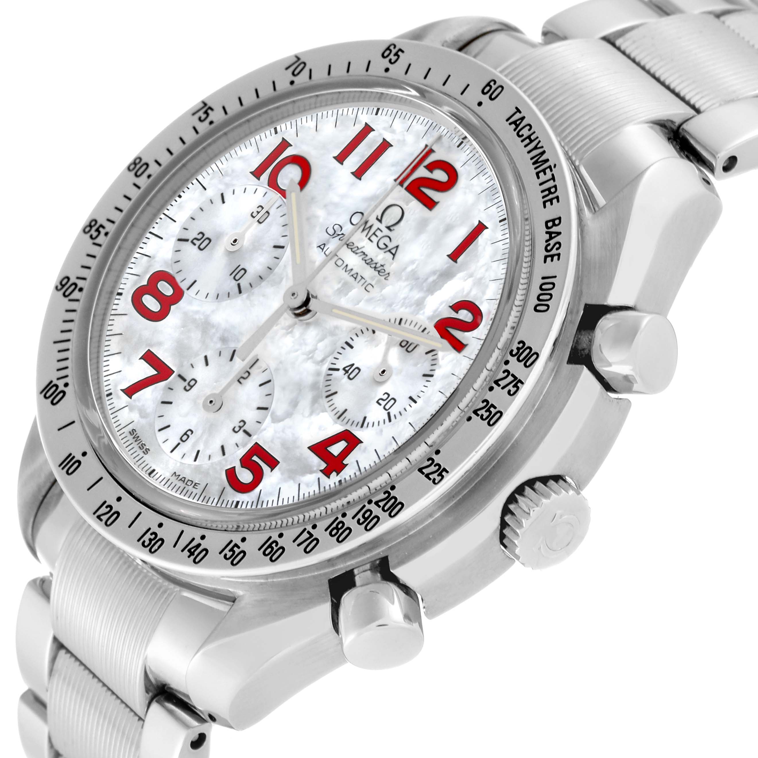 The image shows an angled view of the Omega Speedmaster 3534.79.00 Men's Stainless Steel Mother of Pearl Dial 3534.79.00 Men's Stainless Steel Mother of Pearl Dial watch, highlighting its face, tachymeter bezel, and stainless steel bracelet.