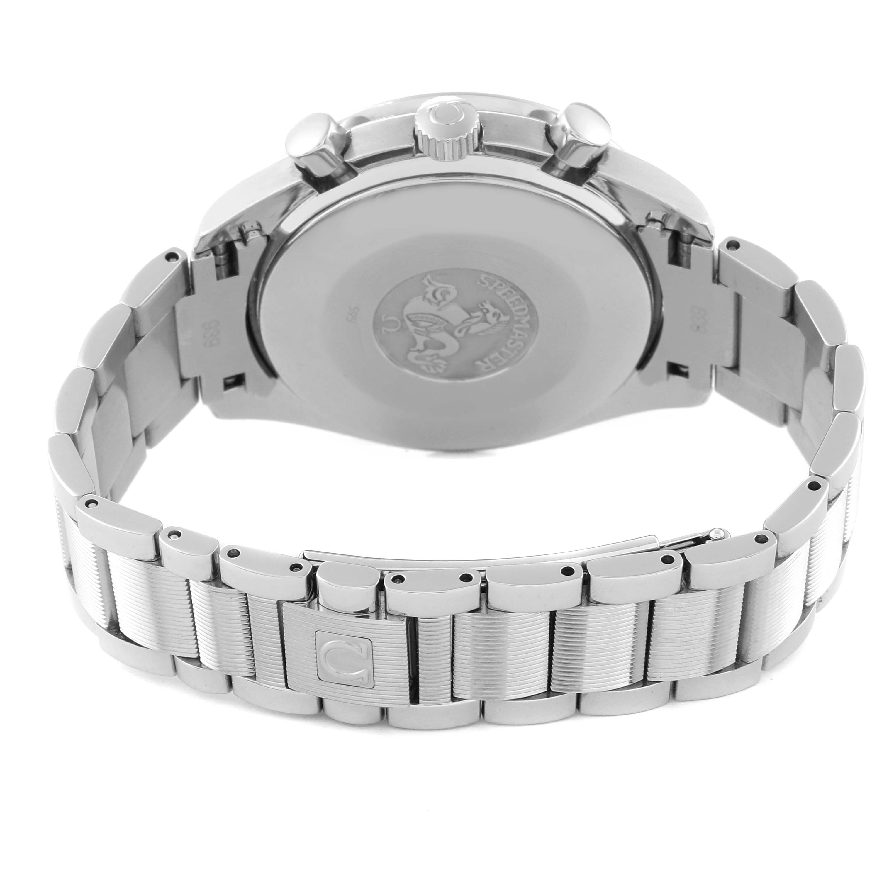 The image shows the back of the Omega Speedmaster 3534.79.00 Men's Stainless Steel Mother of Pearl Dial 3534.79.00 Men's Stainless Steel Mother of Pearl Dial watch, focusing on the case back and the metal bracelet.