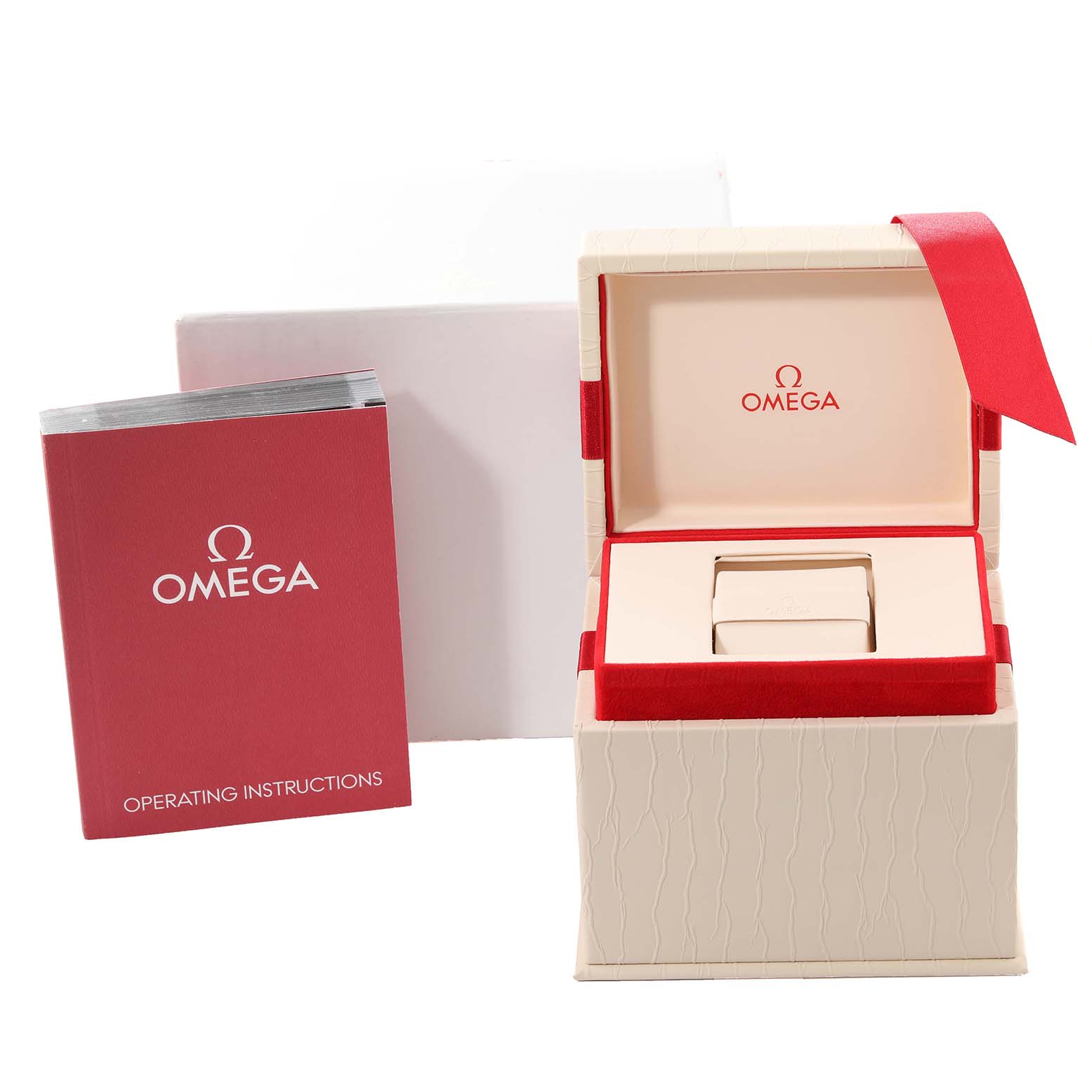 The image shows the packaging of an Omega Speedmaster 3534.79.00 Men's Stainless Steel Mother of Pearl Dial 3534.79.00 Men's Stainless Steel Mother of Pearl Dial watch, including the box and operating instructions.