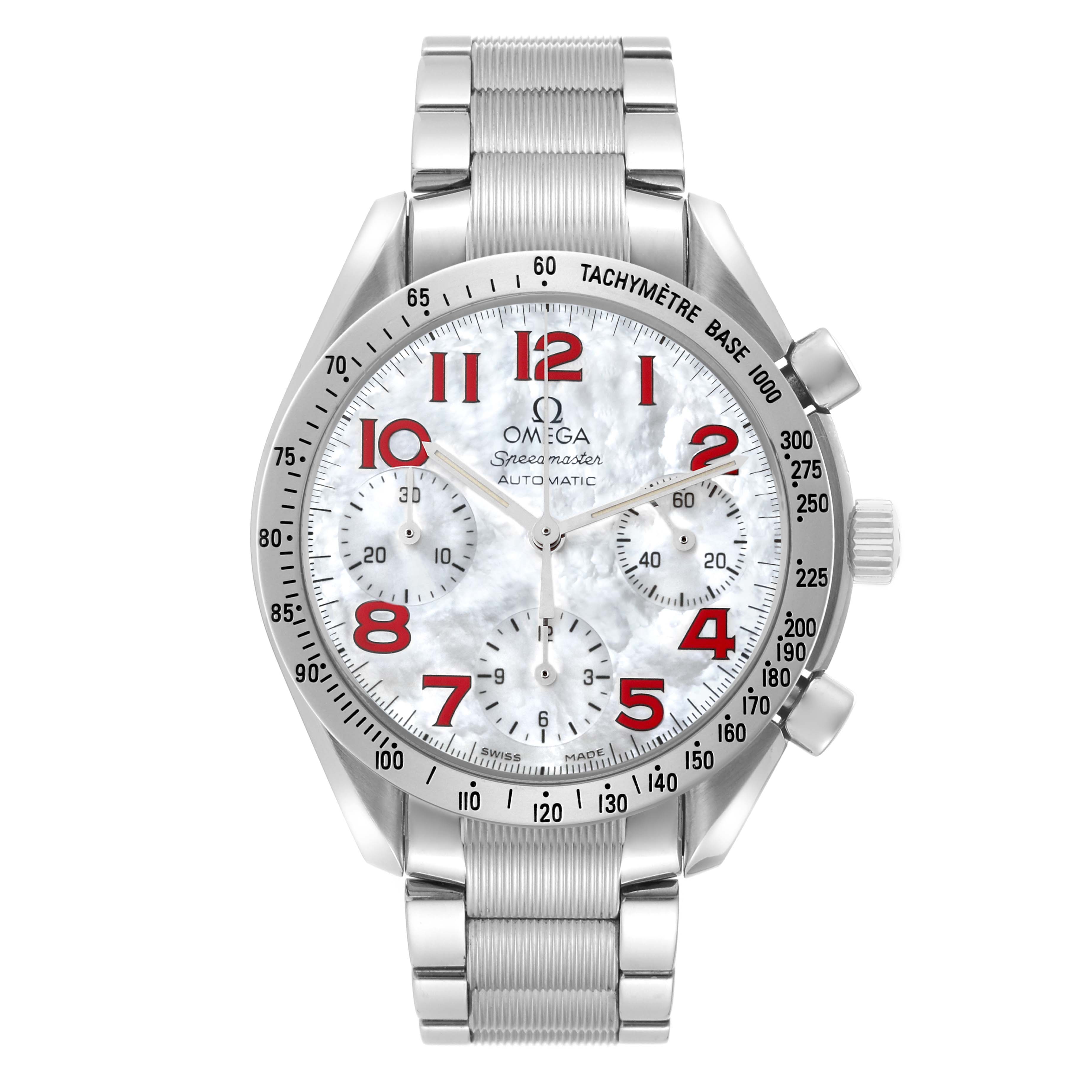 The Omega Speedmaster 3534.79.00 Men's Stainless Steel Mother of Pearl Dial 3534.79.00 Men's Stainless Steel Mother of Pearl Dial watch is shown from a straight-on angle, displaying the dial, bezel, crown, pushers, and bracelet.