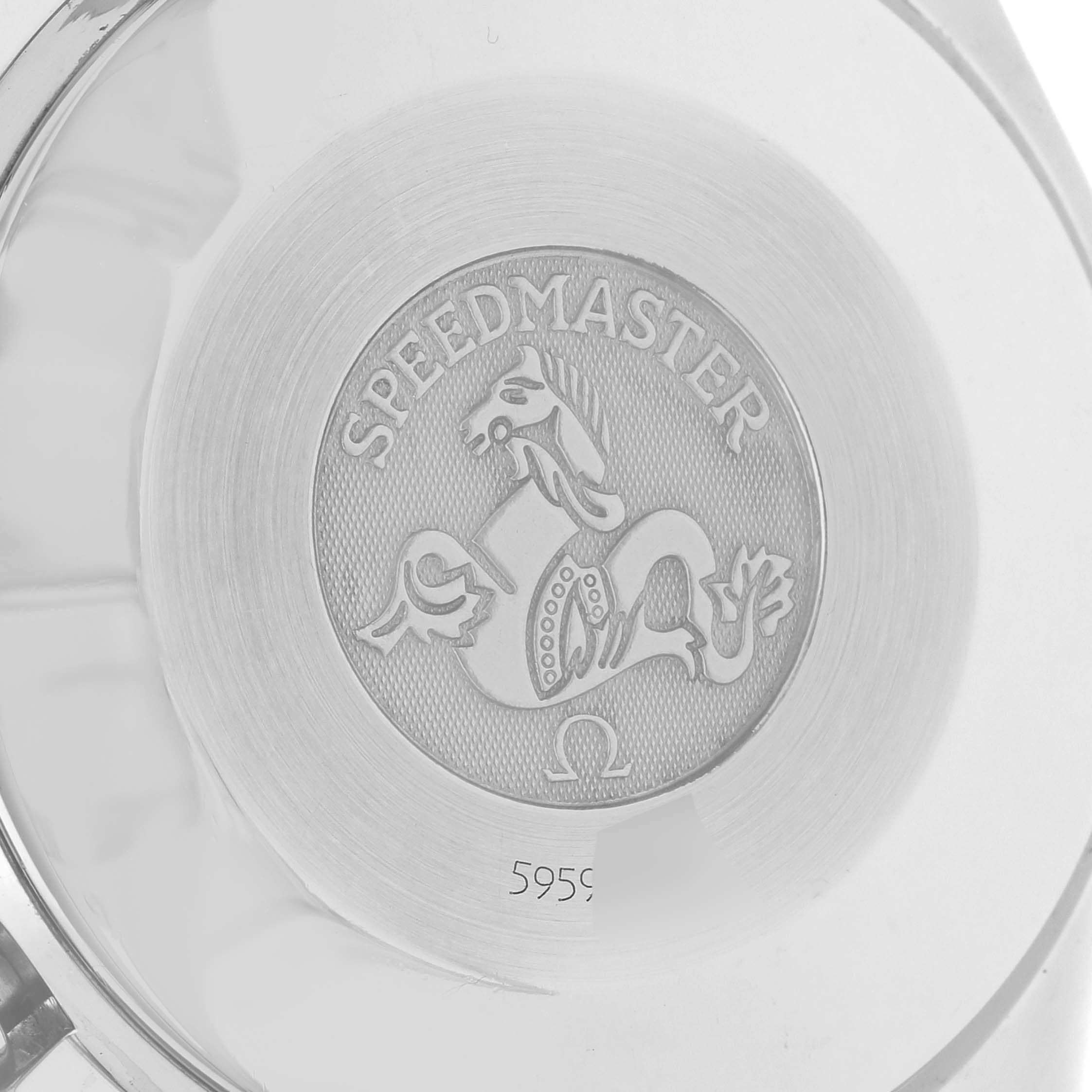 This image shows the case back of an Omega Speedmaster 3534.79.00 Men's Stainless Steel Mother of Pearl Dial 3534.79.00 Men's Stainless Steel Mother of Pearl Dial watch with its engraved emblem and serial number.