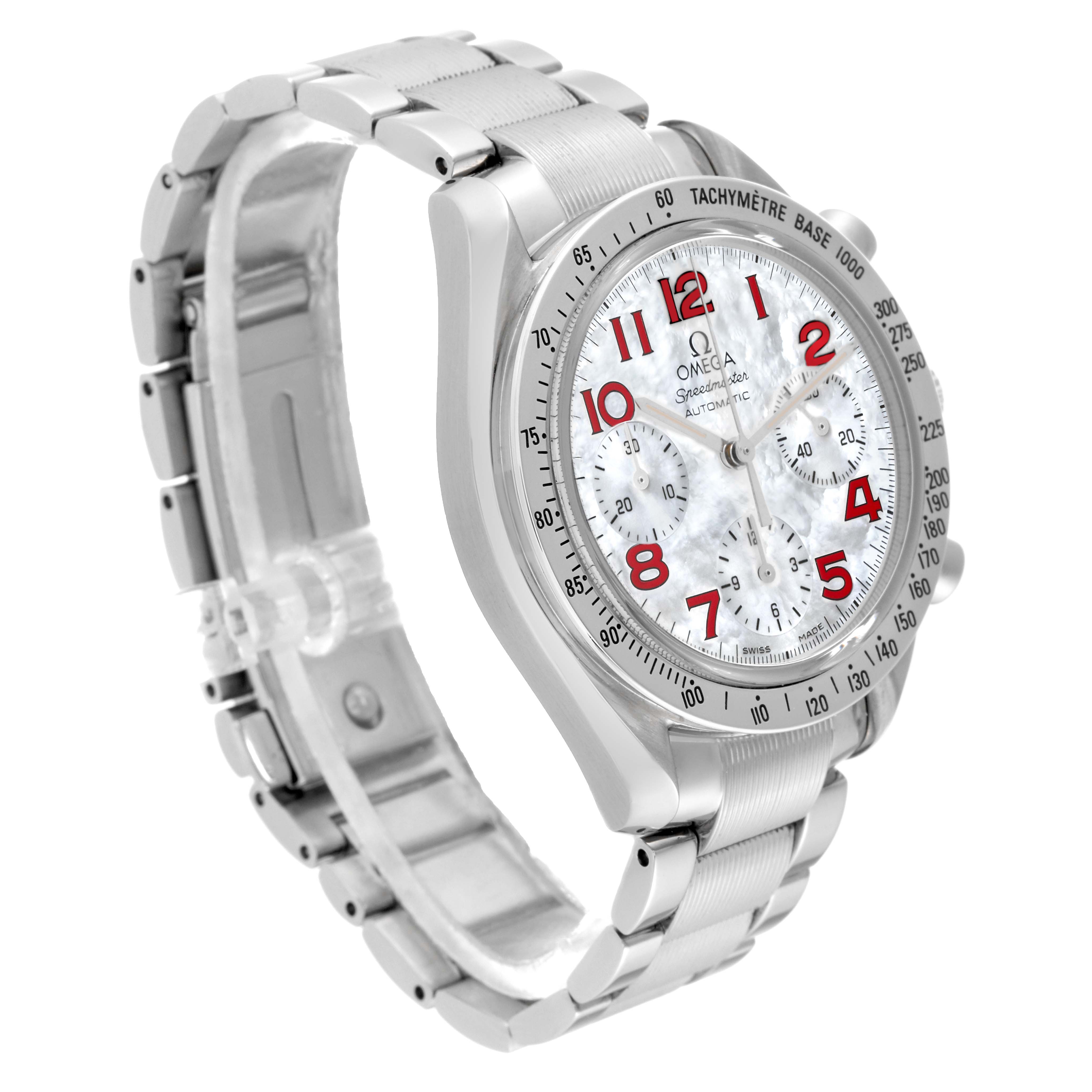 The Omega Speedmaster 3534.79.00 Men's Stainless Steel Mother of Pearl Dial 3534.79.00 Men's Stainless Steel Mother of Pearl Dial watch is shown from an oblique angle, highlighting its bracelet, bezel, and dial with red numerals.