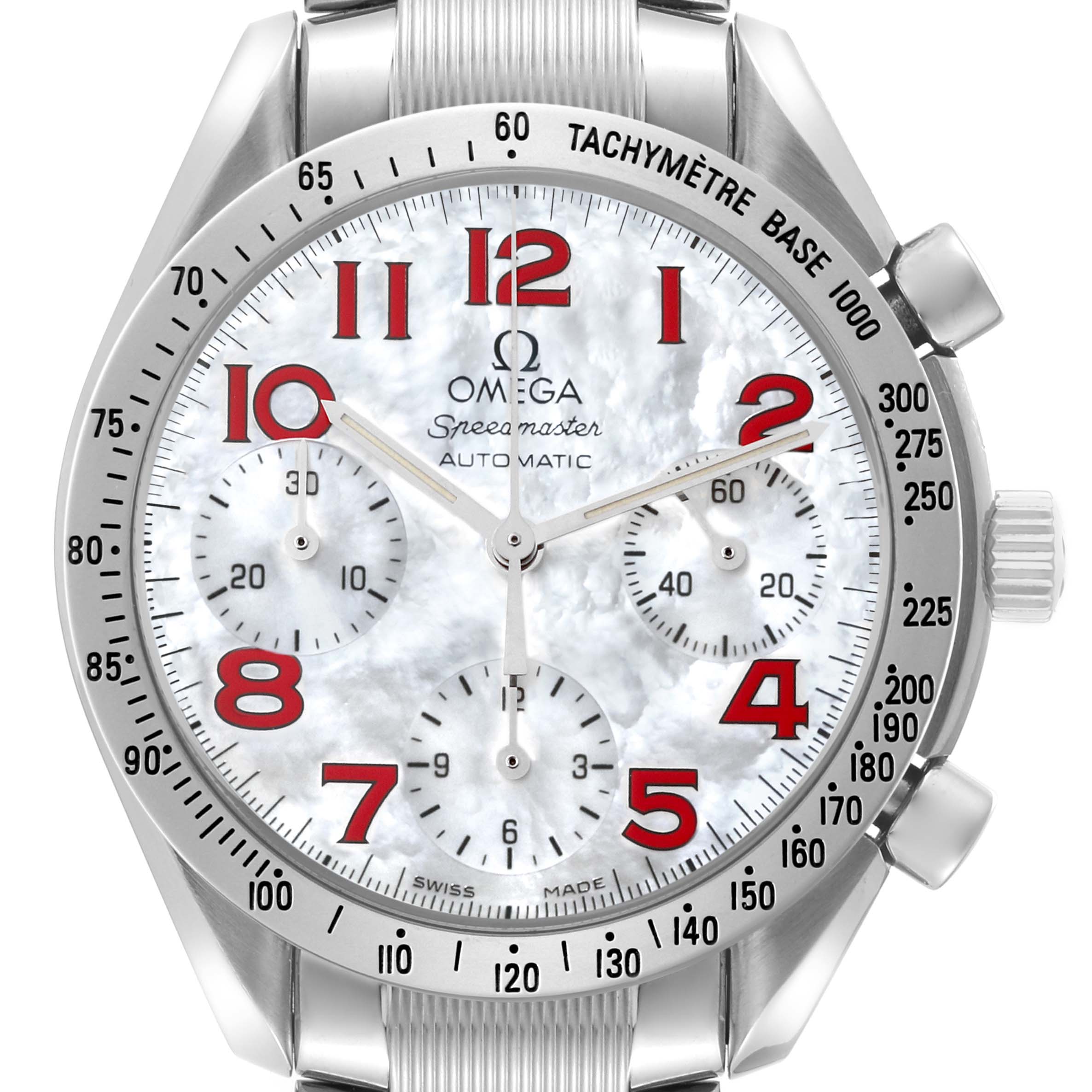 The image shows a frontal view of the Omega Speedmaster 3534.79.00 Men's Stainless Steel Mother of Pearl Dial 3534.79.00 Men's Stainless Steel Mother of Pearl Dial watch, highlighting the face, tachymeter bezel, and push buttons.