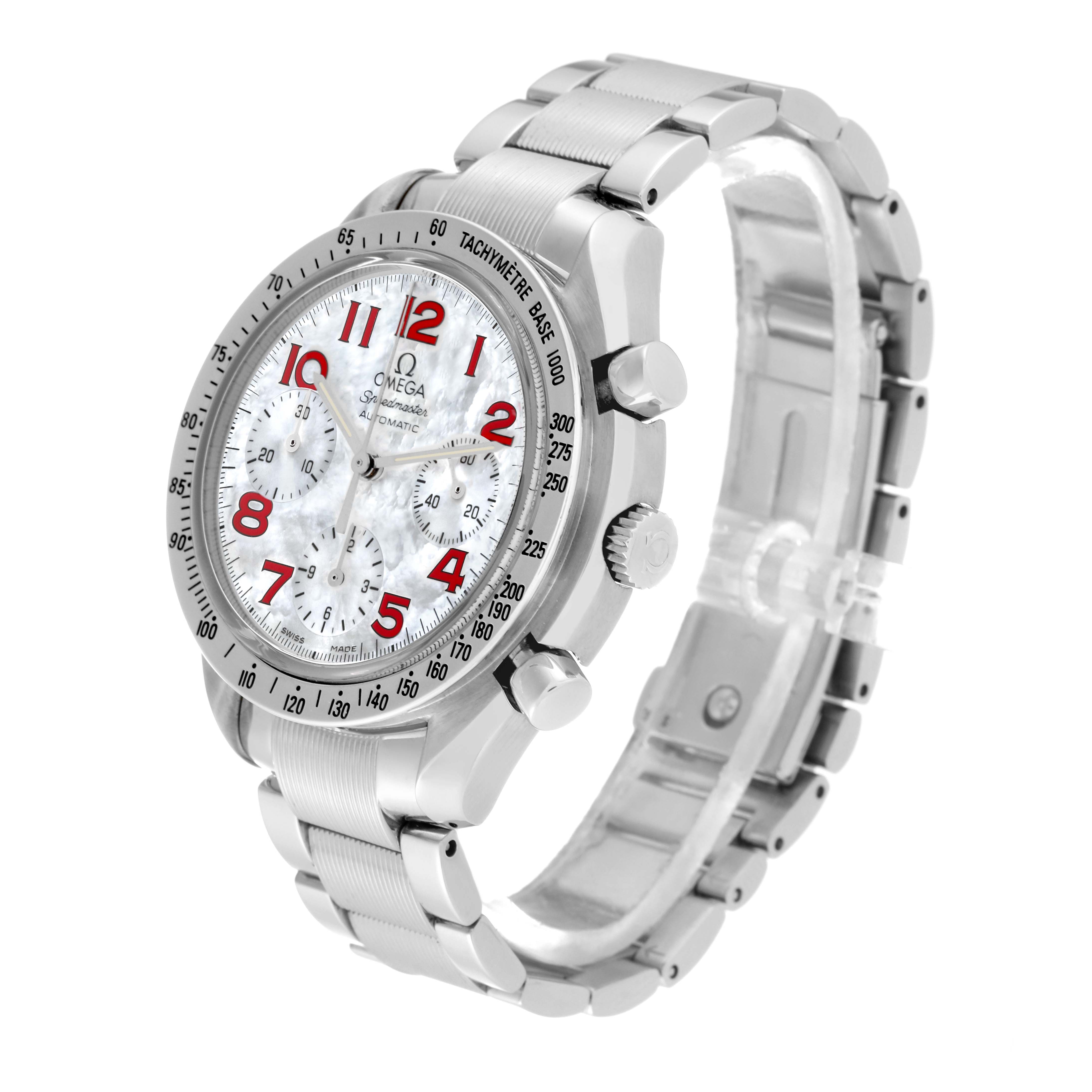 The image shows a side angle view of an Omega Speedmaster 3534.79.00 Men's Stainless Steel Mother of Pearl Dial 3534.79.00 Men's Stainless Steel Mother of Pearl Dial watch, highlighting its bezel, dial, case, and bracelet.