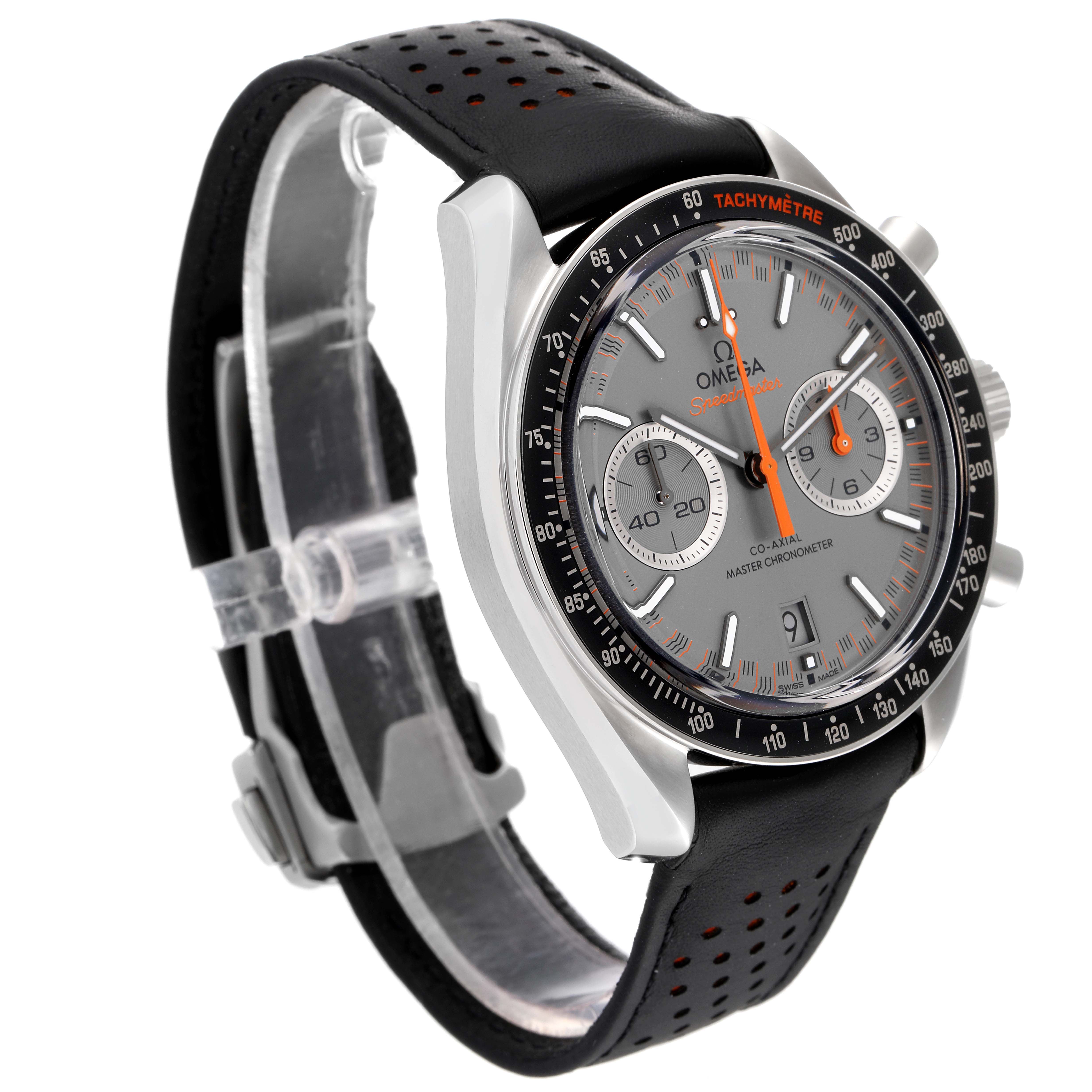 The Omega Speedmaster 329.32.44.51.06.001 Men's Stainless Steel Silver Dial 329.32.44.51.06.001 Men's Stainless Steel Silver Dial watch is shown at a three-quarter angle, displaying the face, bezel, and perforated leather strap.