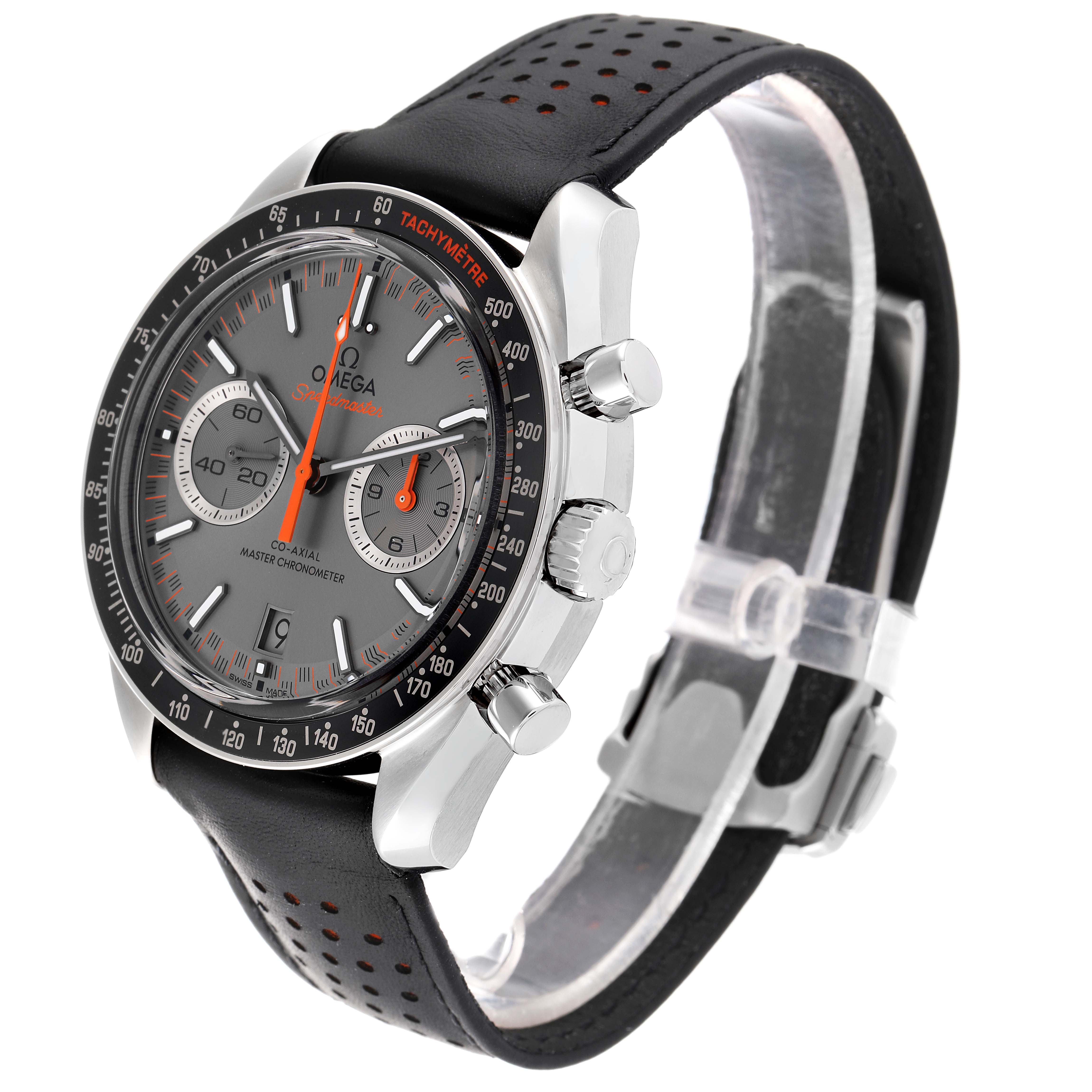 The Omega Speedmaster 329.32.44.51.06.001 Men's Stainless Steel Silver Dial 329.32.44.51.06.001 Men's Stainless Steel Silver Dial watch is shown at an angle displaying the face, chronograph buttons, and a perforated black strap.