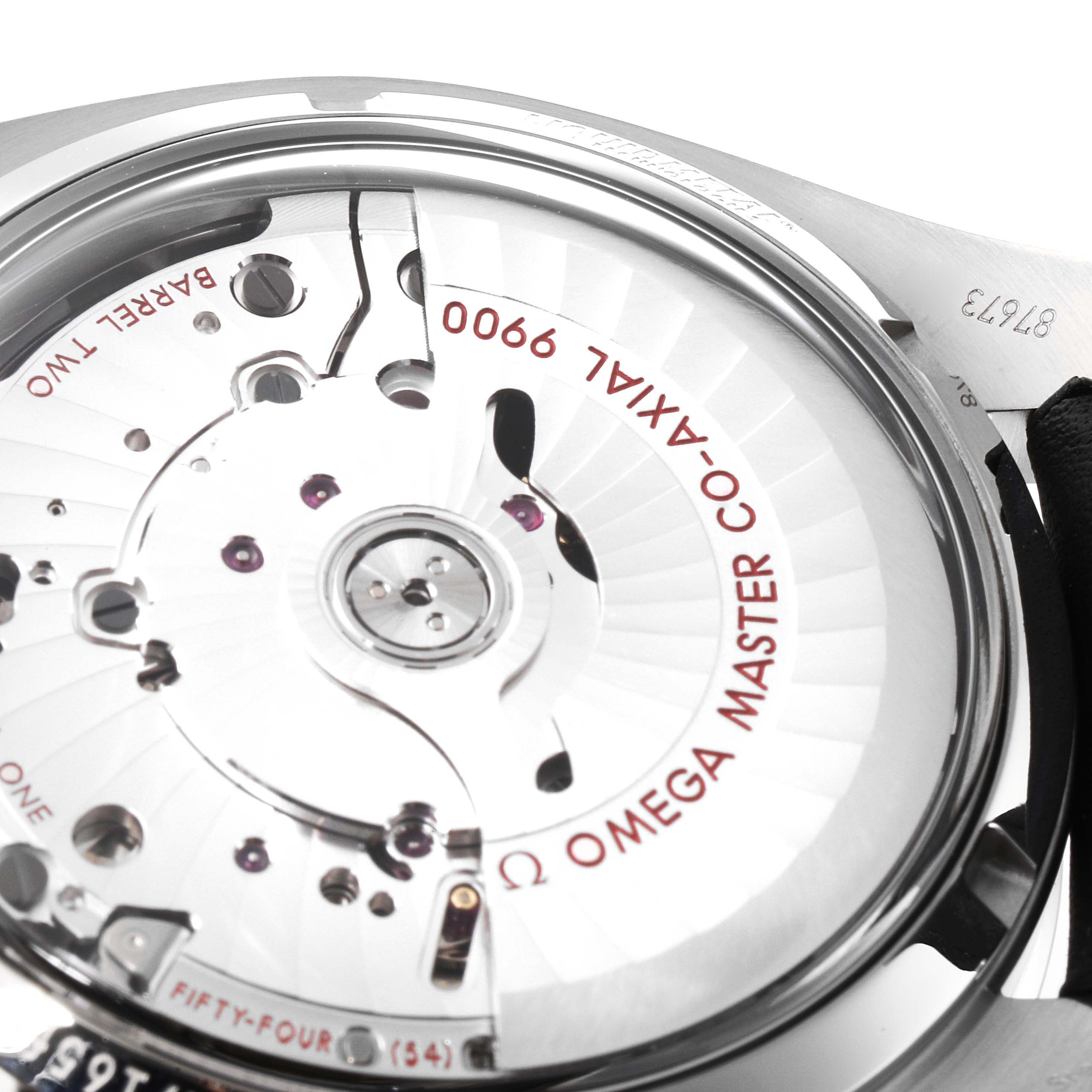 This image shows a close-up of the Omega Speedmaster 329.32.44.51.06.001 Men's Stainless Steel Silver Dial 329.32.44.51.06.001 Men's Stainless Steel Silver Dial's movement from the back, highlighting the Co-Axial caliber 9900.