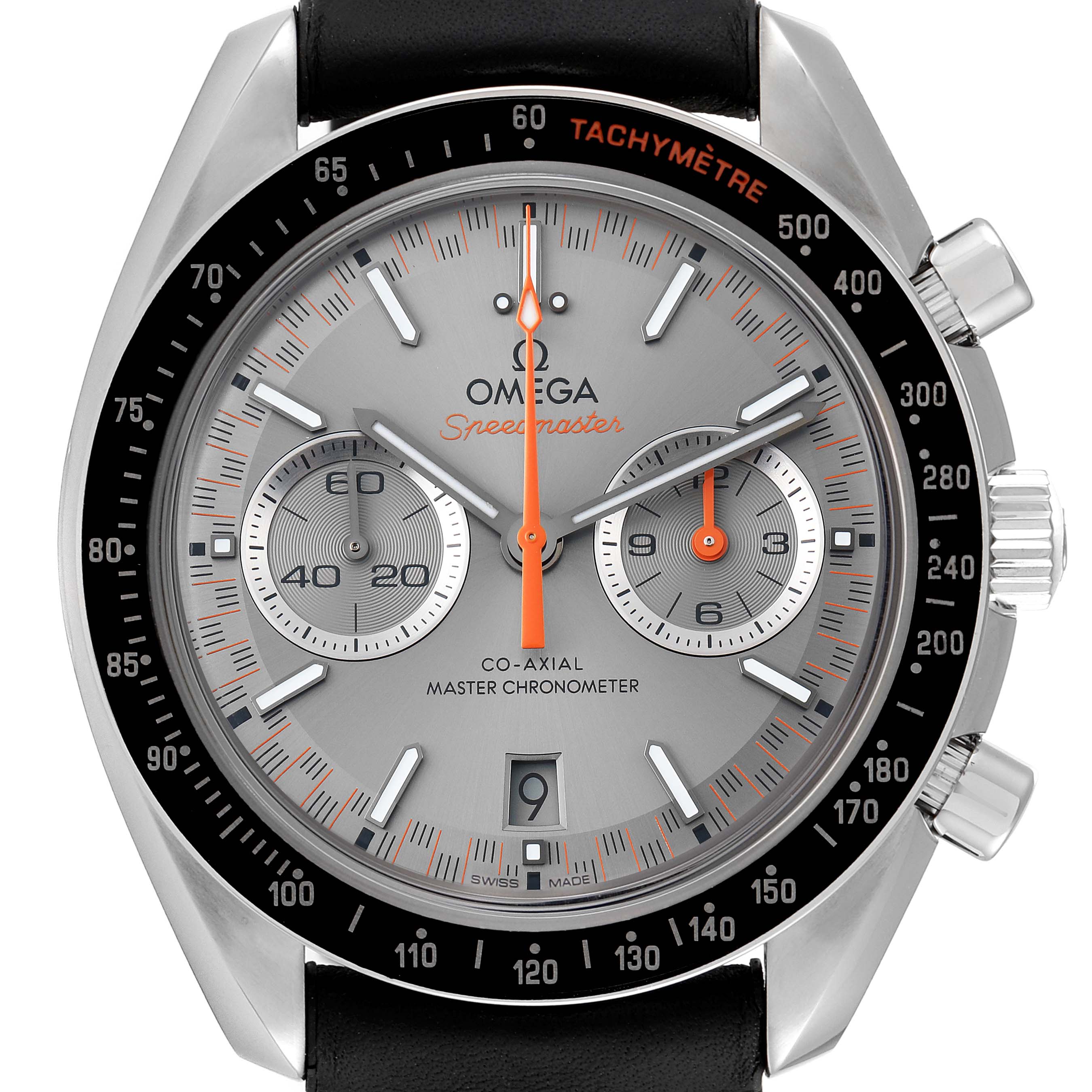 The image shows a frontal view of an Omega Speedmaster 329.32.44.51.06.001 Men's Stainless Steel Silver Dial 329.32.44.51.06.001 Men's Stainless Steel Silver Dial watch, detailing the face, hands, subdials, and tachymeter bezel.