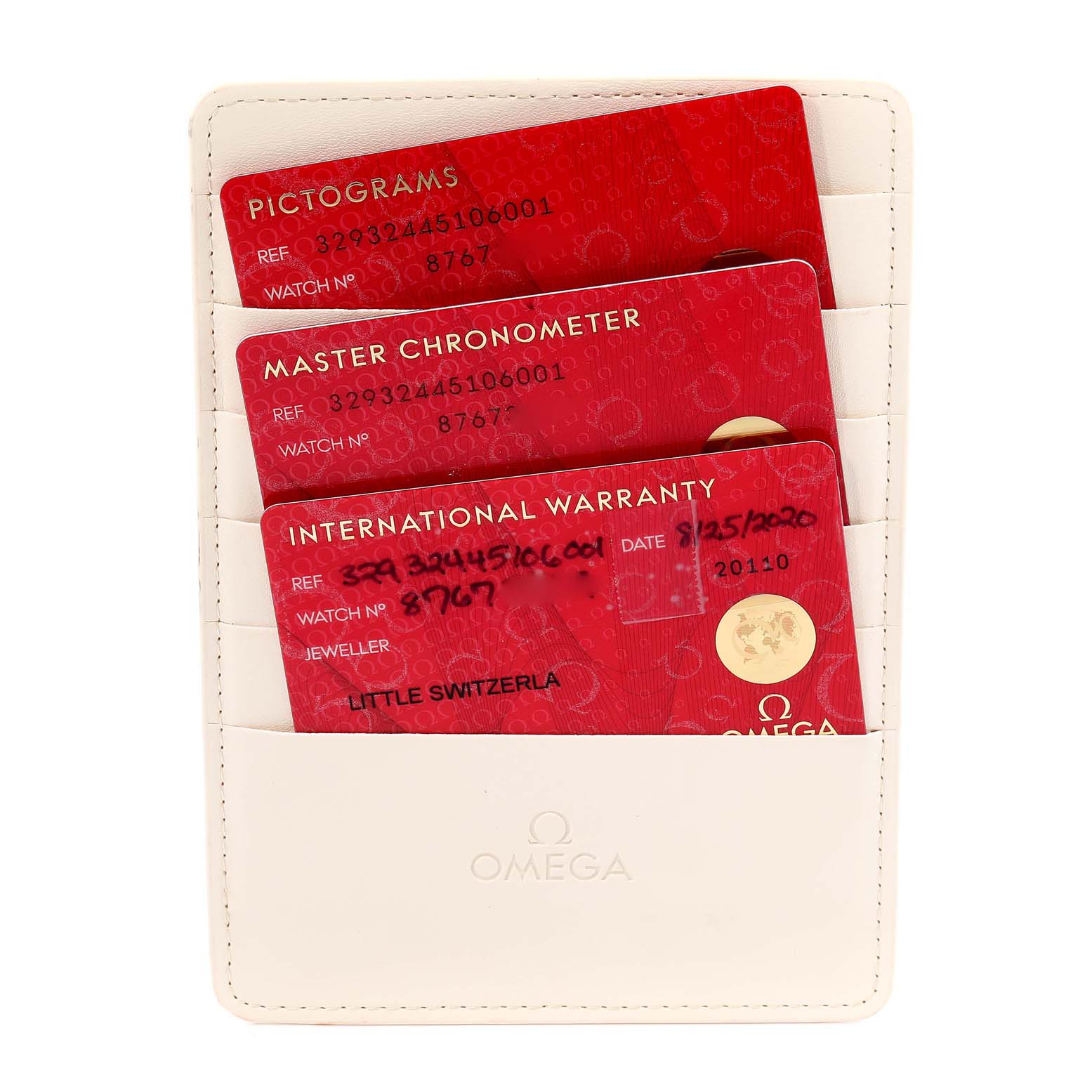 The image shows three red cards for the Omega Speedmaster 329.32.44.51.06.001 Men's Stainless Steel Silver Dial 329.32.44.51.06.001 Men's Stainless Steel Silver Dial, including Pictograms, Master Chronometer, and International Warranty, in a white holder.