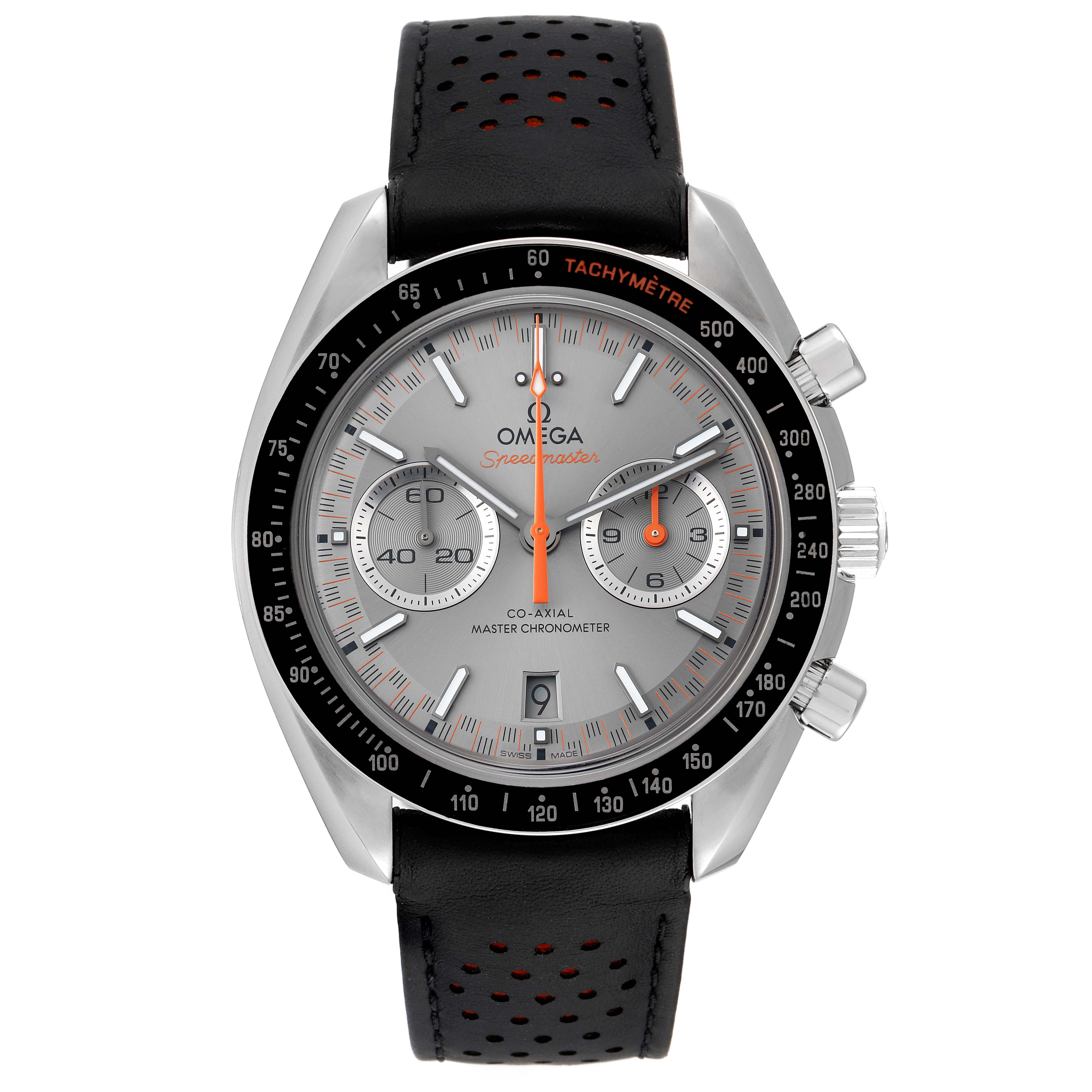 The Omega Speedmaster 329.32.44.51.06.001 Men's Stainless Steel Silver Dial 329.32.44.51.06.001 Men's Stainless Steel Silver Dial watch is shown from the front, displaying the face, strap, and tachymeter bezel.