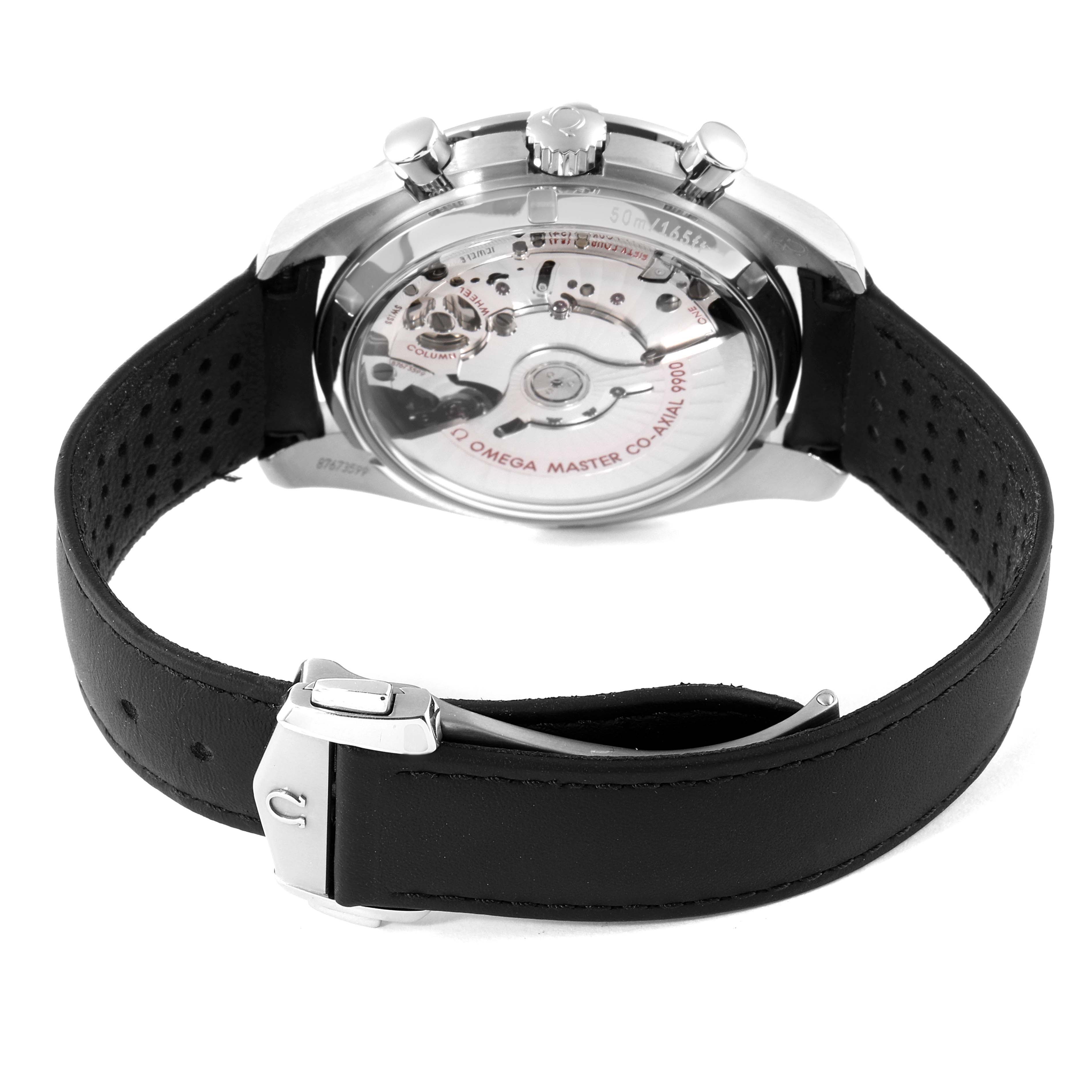 The image shows a rear angle of an Omega Speedmaster 329.32.44.51.06.001 Men's Stainless Steel Silver Dial 329.32.44.51.06.001 Men's Stainless Steel Silver Dial watch, highlighting its open case back and black leather strap.