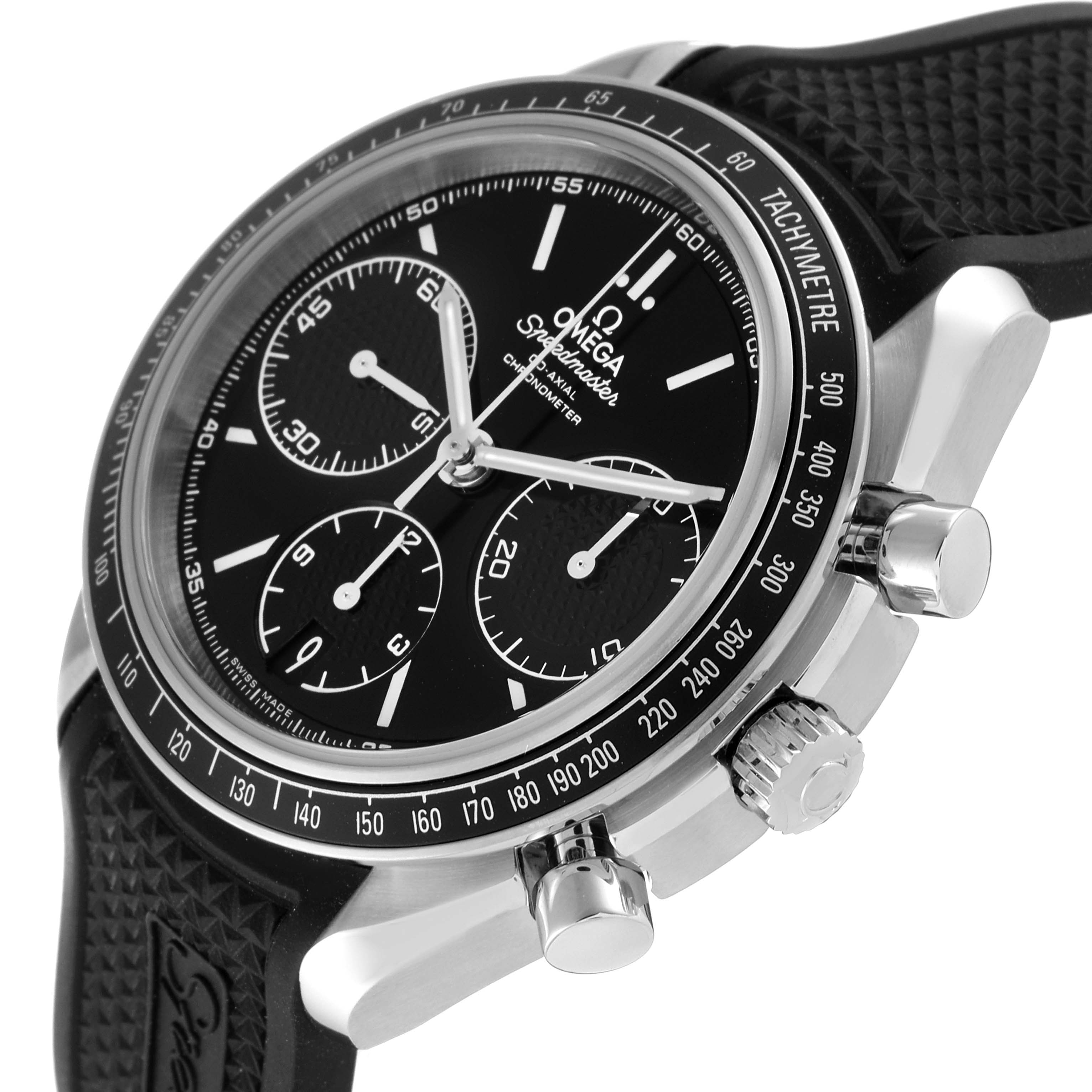This image shows a close-up angle of the Omega Speedmaster 326.32.40.50.01.001 Men
s Stainless Steel Black Dial 326.32.40.50.01.001 Men
s Stainless Steel Black Dial watch, highlighting its dial, tachymeter bezel, and pushers.