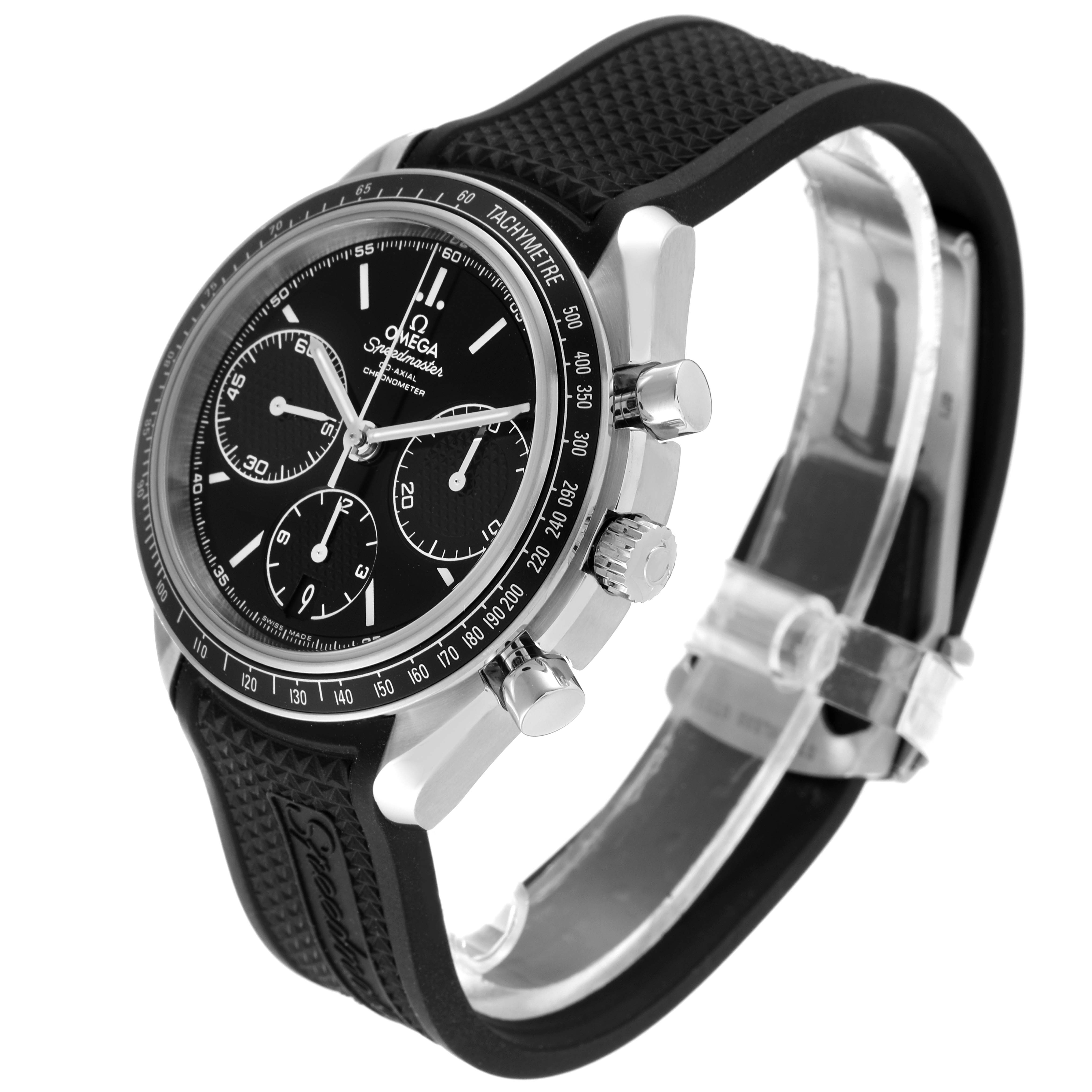 The Omega Speedmaster 326.32.40.50.01.001 Men
s Stainless Steel Black Dial 326.32.40.50.01.001 Men
s Stainless Steel Black Dial watch is shown at a three-quarter angle, featuring the watch face, bezel, crown, pushers, and rubber strap.