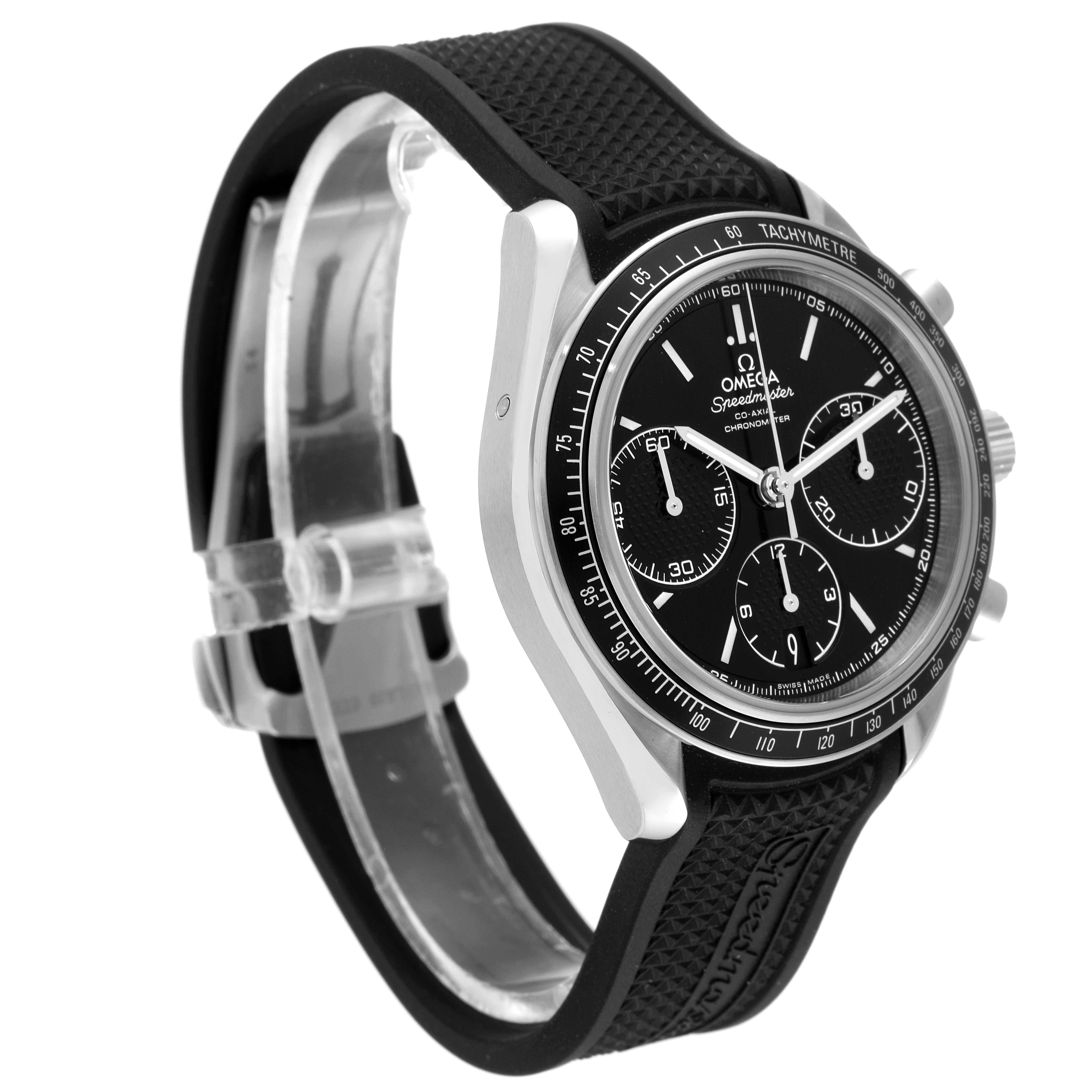 The image shows a side view of an Omega Speedmaster 326.32.40.50.01.001 Men
s Stainless Steel Black Dial 326.32.40.50.01.001 Men
s Stainless Steel Black Dial watch with a black dial and a black rubber strap.