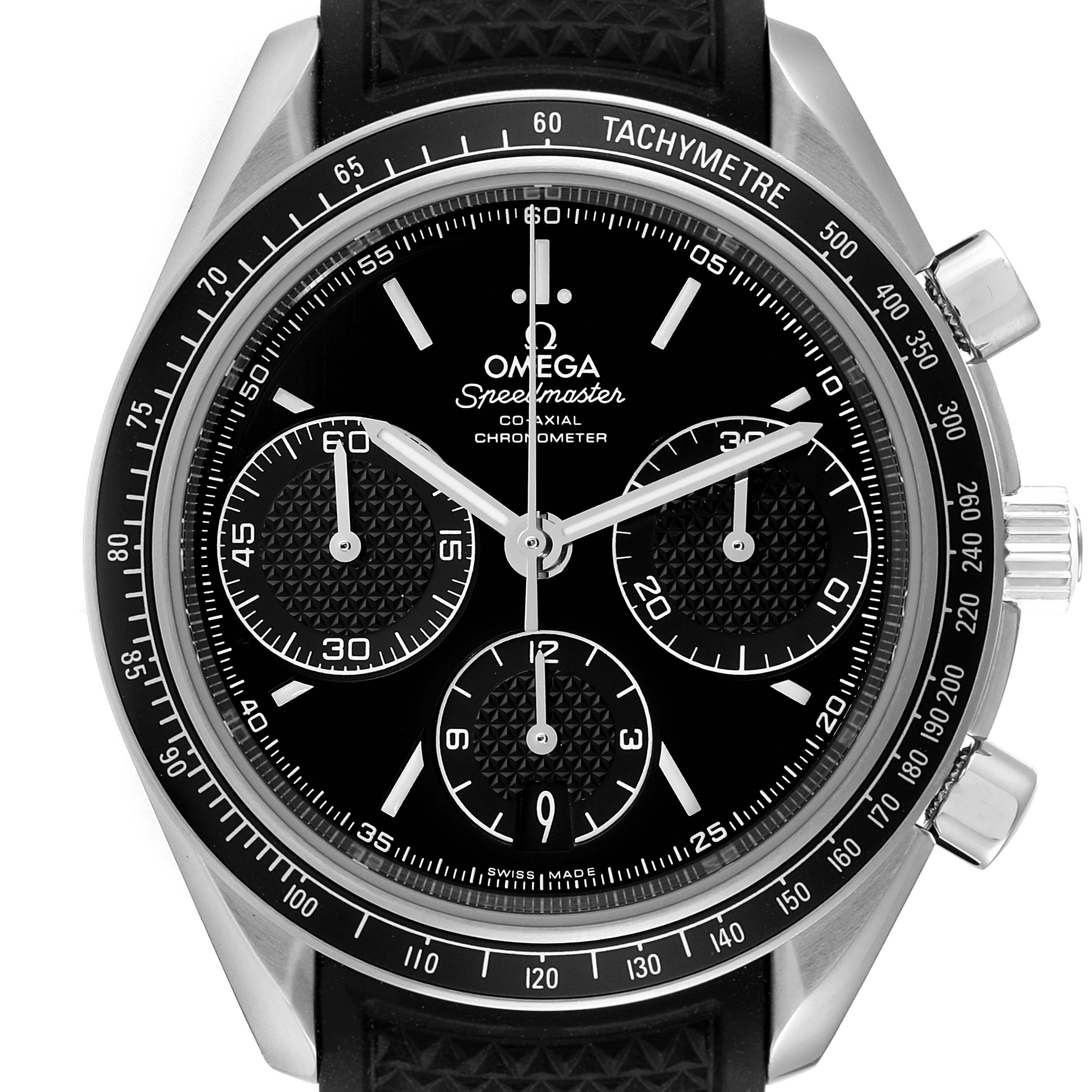 The image shows a front view of the Omega Speedmaster 326.32.40.50.01.001 Men
s Stainless Steel Black Dial 326.32.40.50.01.001 Men
s Stainless Steel Black Dial watch, displaying a black dial, three sub-dials, and a tachymeter bezel.