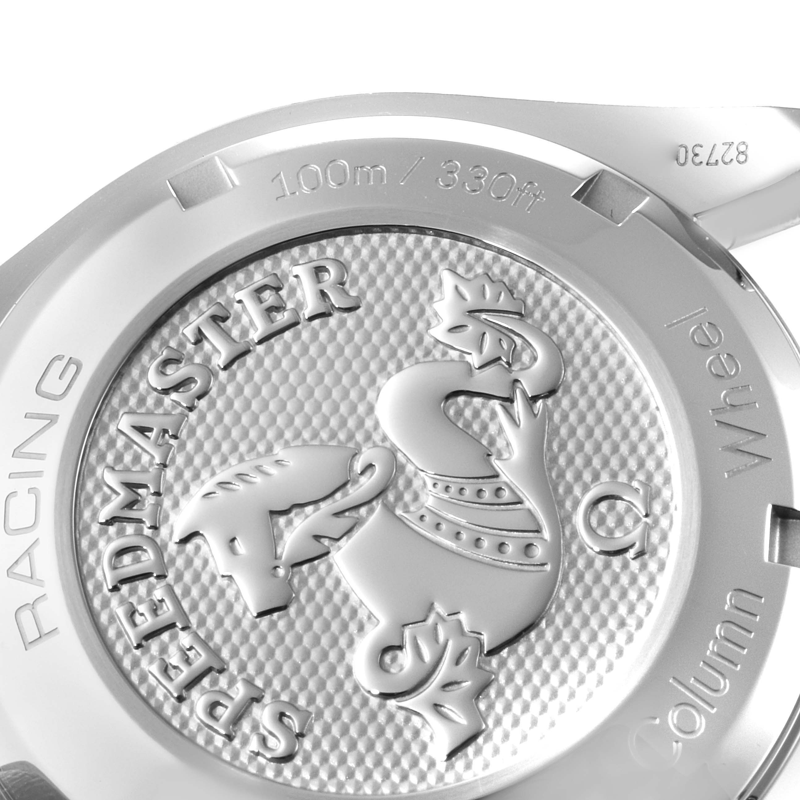 This image shows the back case of the Omega Speedmaster 326.32.40.50.01.001 Men
s Stainless Steel Black Dial 326.32.40.50.01.001 Men
s Stainless Steel Black Dial watch with the Speedmaster logo and water resistance information.