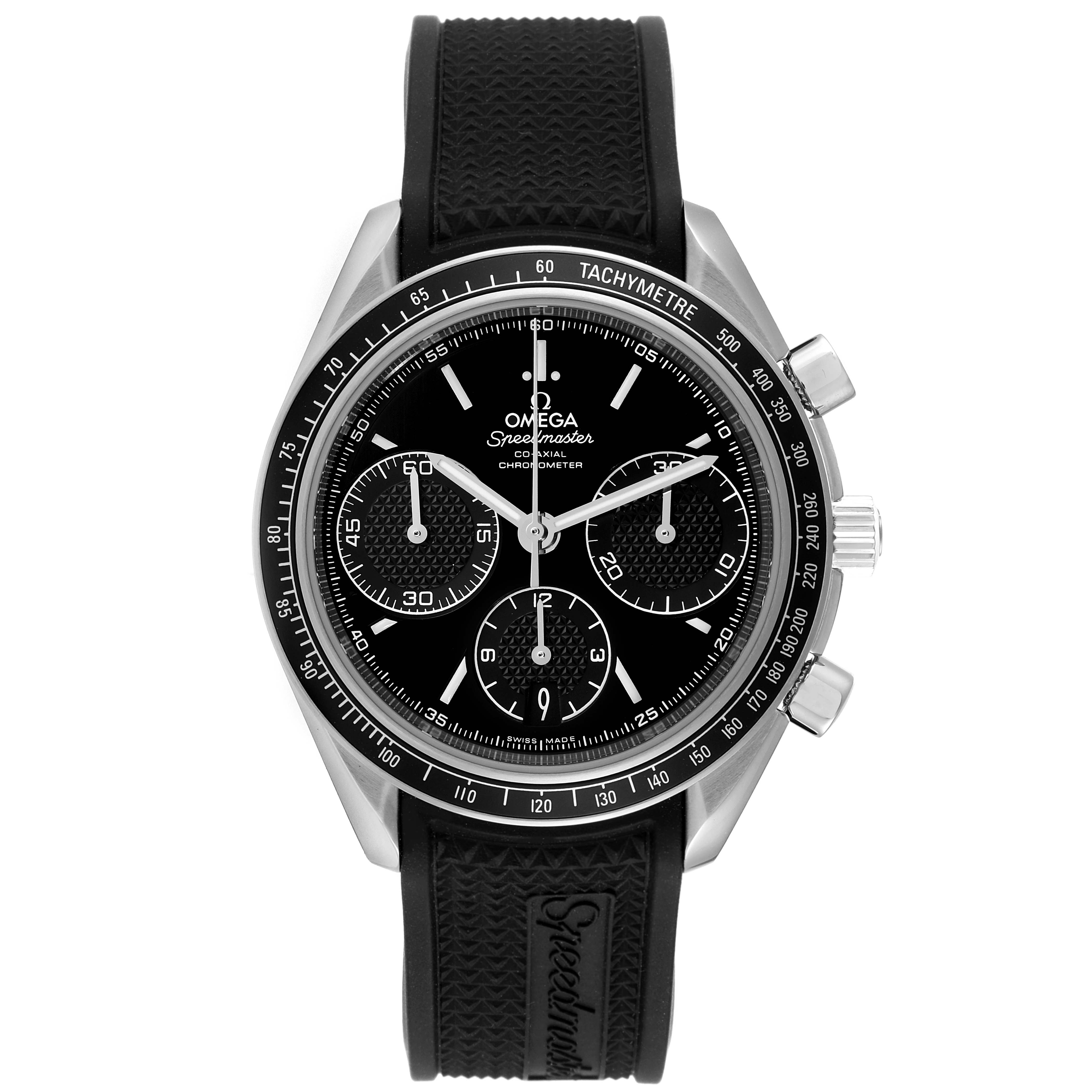The Omega Speedmaster 326.32.40.50.01.001 Men
s Stainless Steel Black Dial 326.32.40.50.01.001 Men
s Stainless Steel Black Dial watch is shown from a front angle, displaying its black dial, three subdials, bezel, and black strap.