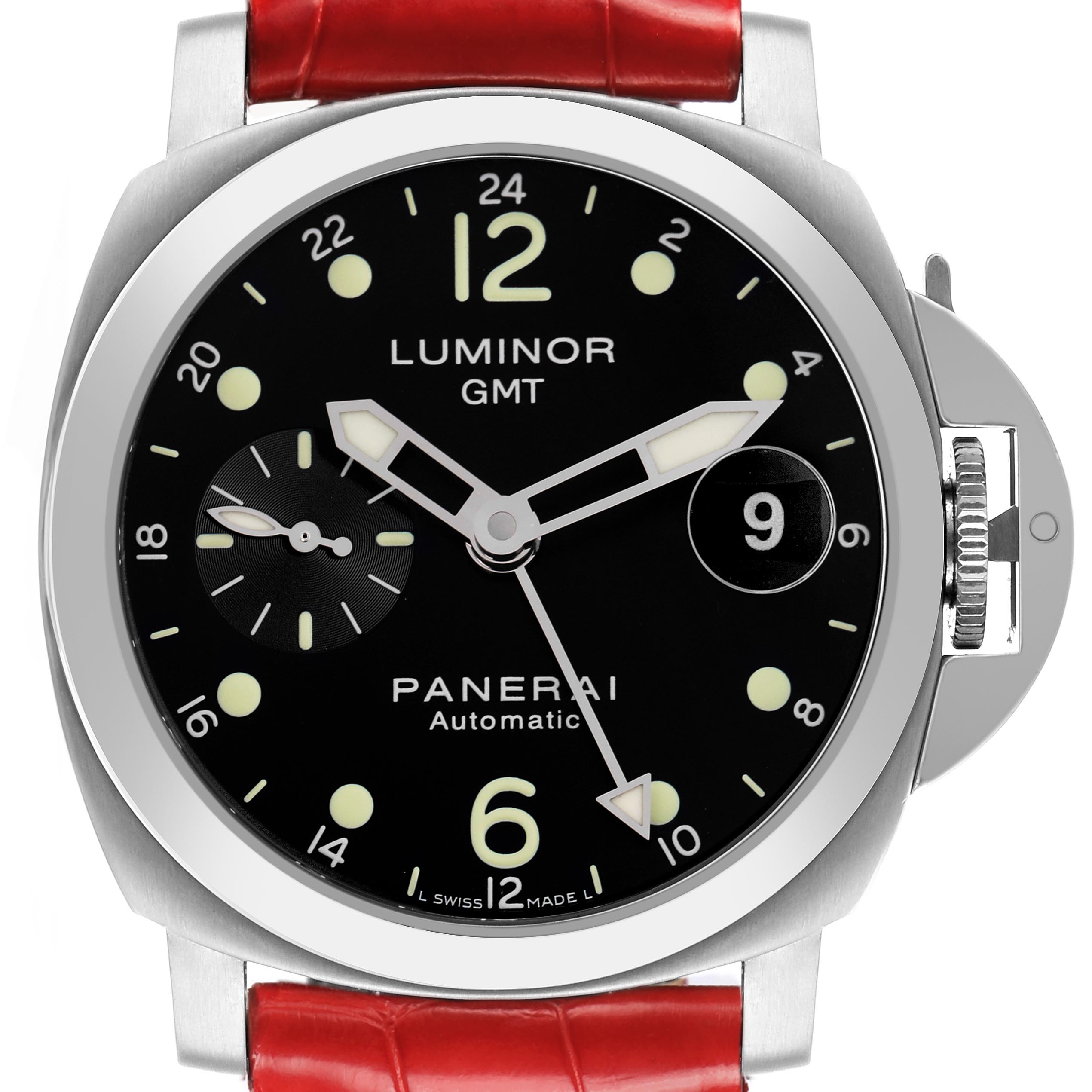 The Panerai Luminor PAM00159 Men
s Stainless Steel Black Dial PAM00159 Men
s Stainless Steel Black Dial watch is shown from a front angle, featuring its black dial, luminous indices, and red leather strap.