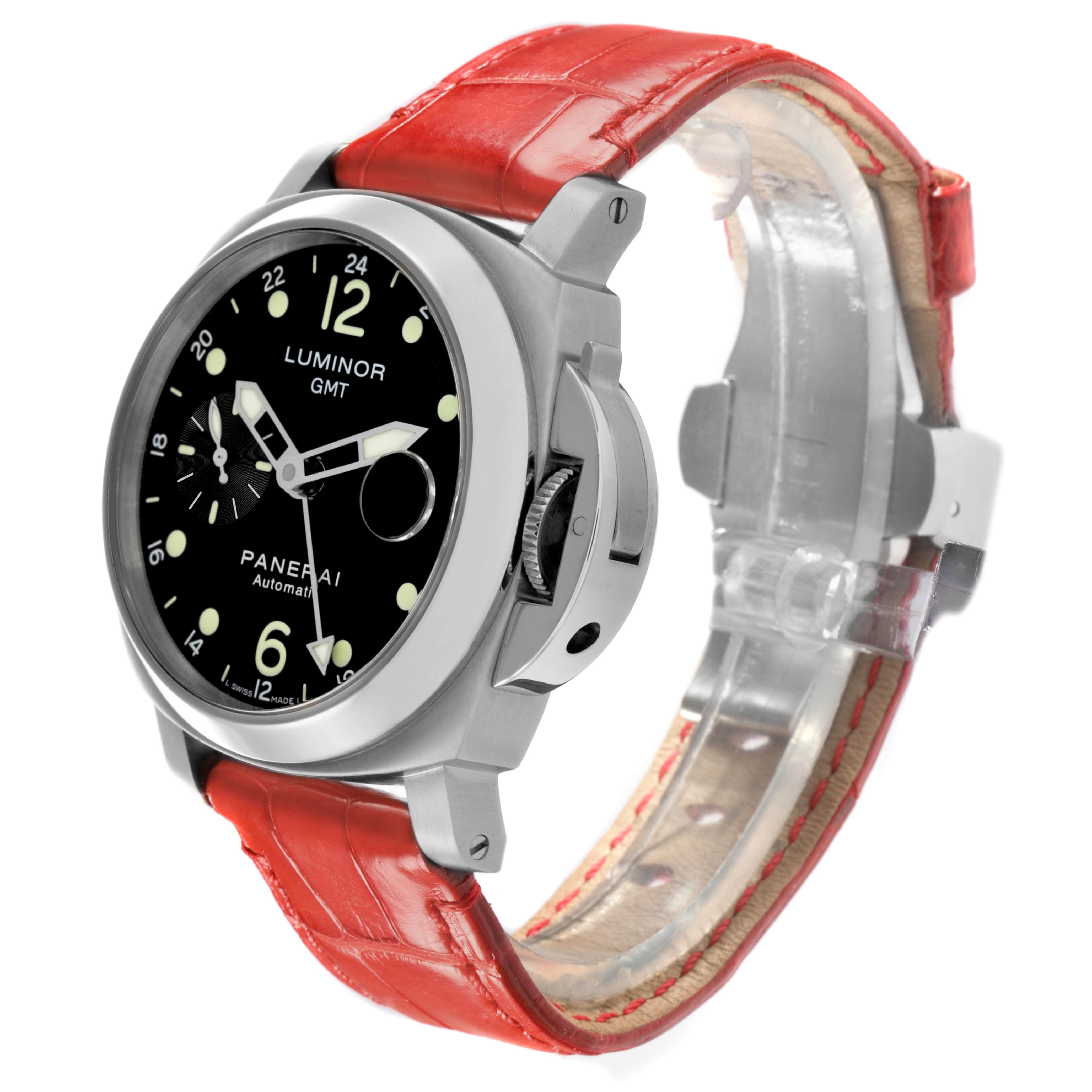 The Panerai Luminor PAM00159 Men
s Stainless Steel Black Dial PAM00159 Men
s Stainless Steel Black Dial watch is shown at a three-quarter angle, highlighting the dial, case, crown, and red leather strap.