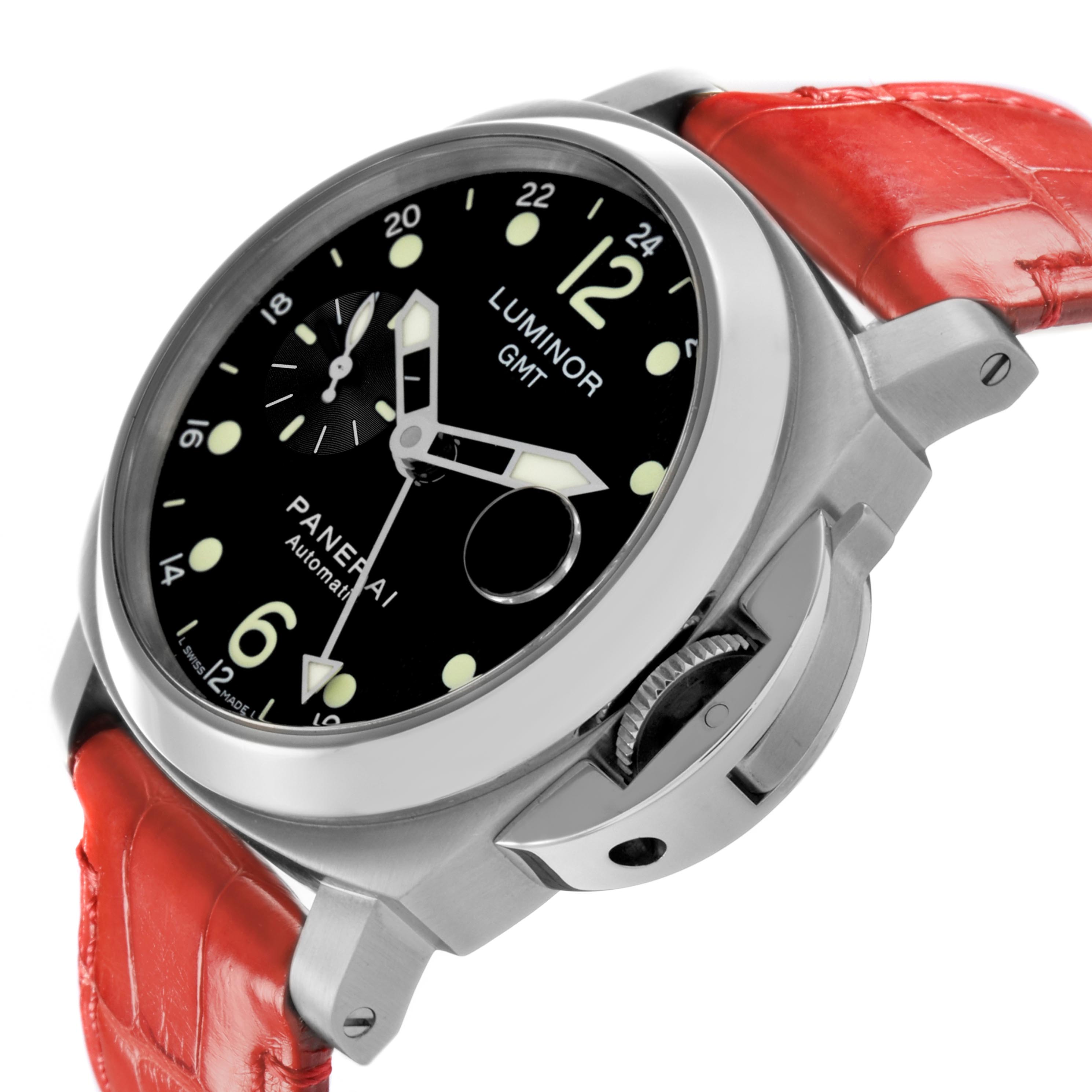 The Panerai Luminor PAM00159 Men
s Stainless Steel Black Dial PAM00159 Men
s Stainless Steel Black Dial watch is shown at a slight angle, highlighting the face, crown, and a red leather strap.