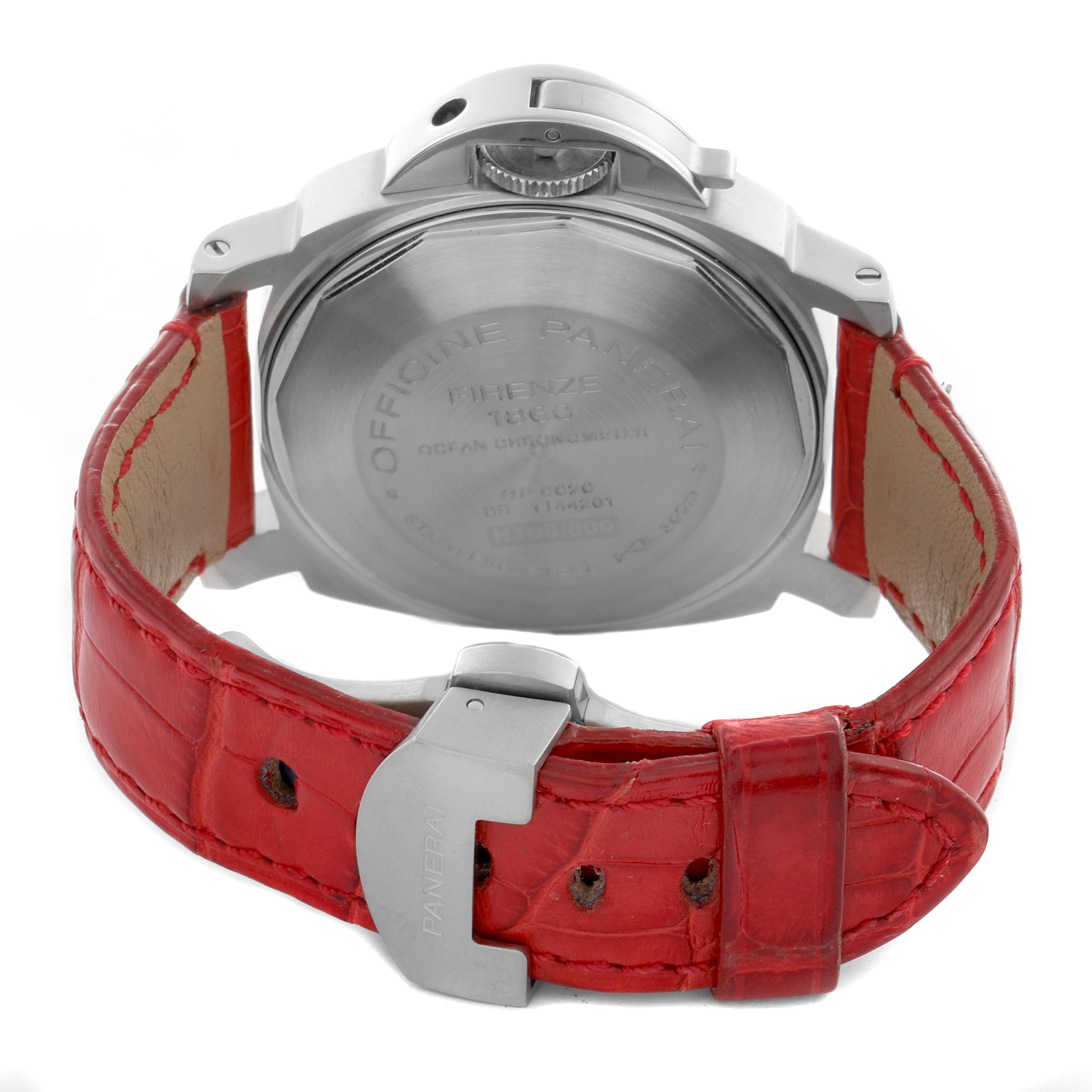 The image shows the back view of a Panerai Luminor PAM00159 Men
s Stainless Steel Black Dial PAM00159 Men
s Stainless Steel Black Dial watch, featuring its red leather strap and metal clasp.