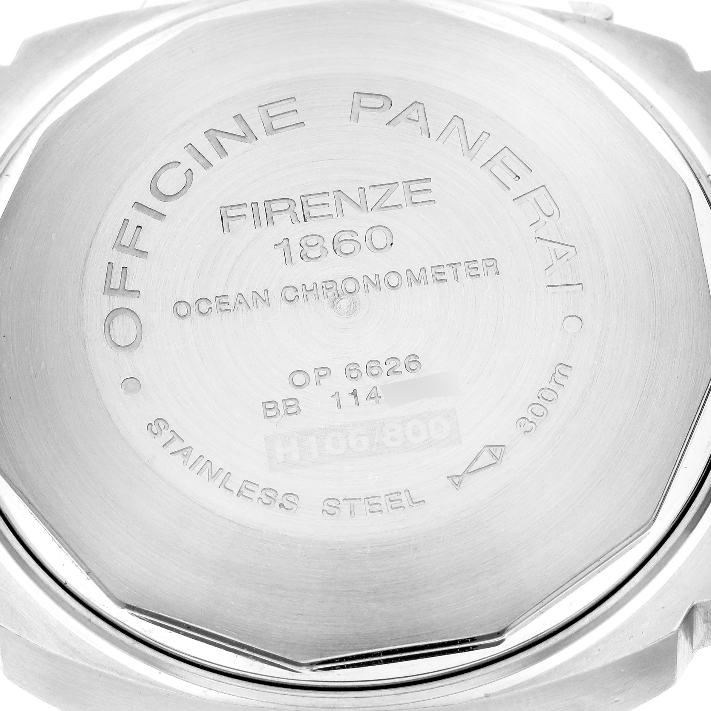 The image shows the case back of a Panerai Luminor PAM00159 Men
s Stainless Steel Black Dial PAM00159 Men
s Stainless Steel Black Dial watch, highlighting its engravings and stainless steel construction.