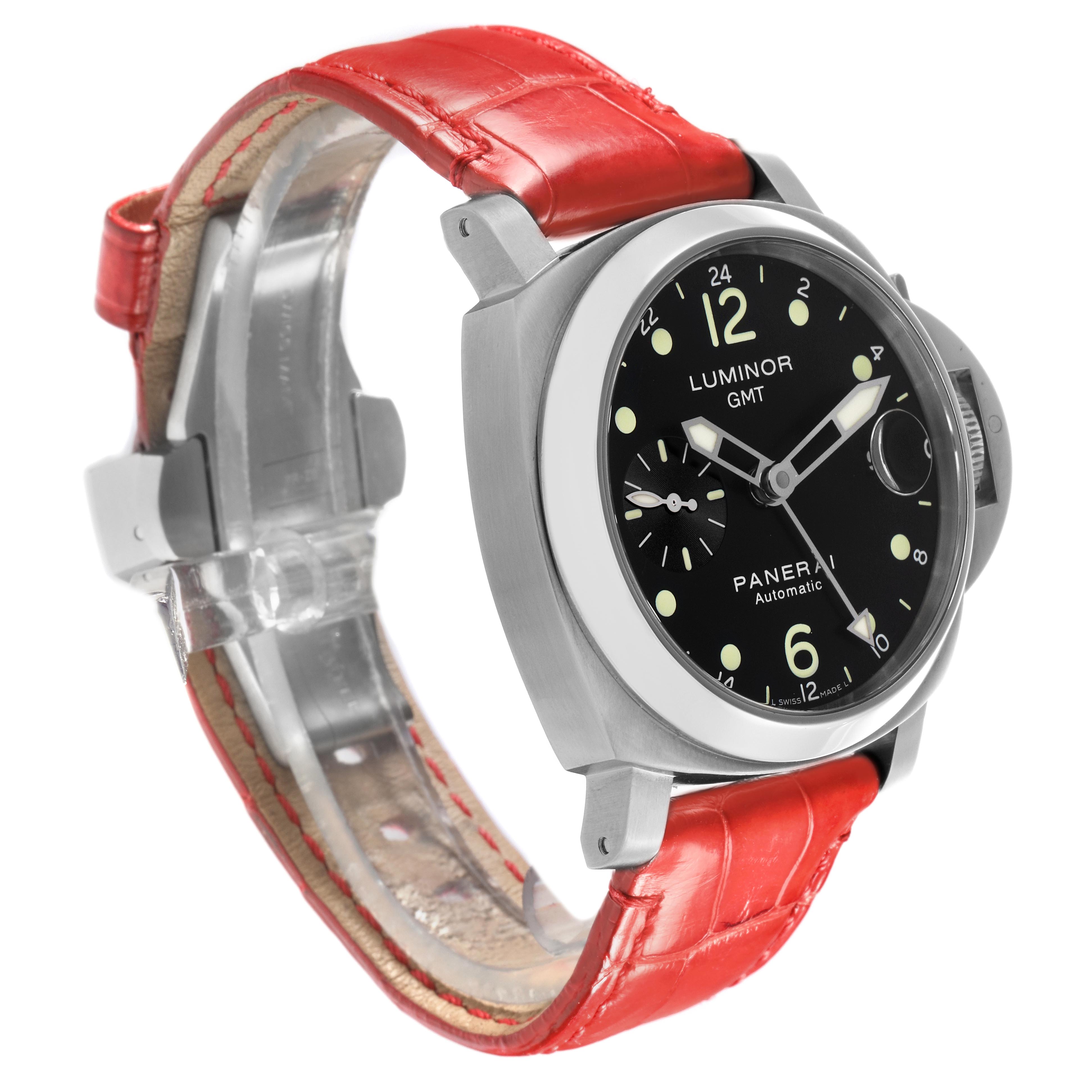 The Panerai Luminor PAM00159 Men
s Stainless Steel Black Dial PAM00159 Men
s Stainless Steel Black Dial watch is shown at an angled view highlighting the dial, crown guard, and red leather strap.