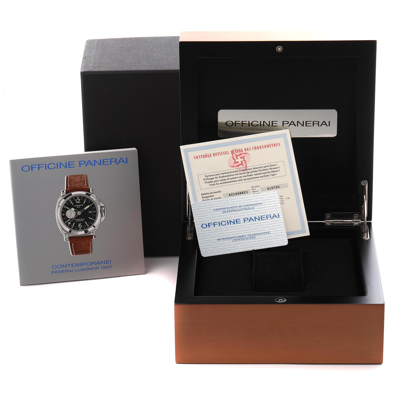 The image shows the box and certificates for a Panerai Luminor PAM00159 Men
s Stainless Steel Black Dial PAM00159 Men
s Stainless Steel Black Dial watch, viewed from the front with a booklet included.