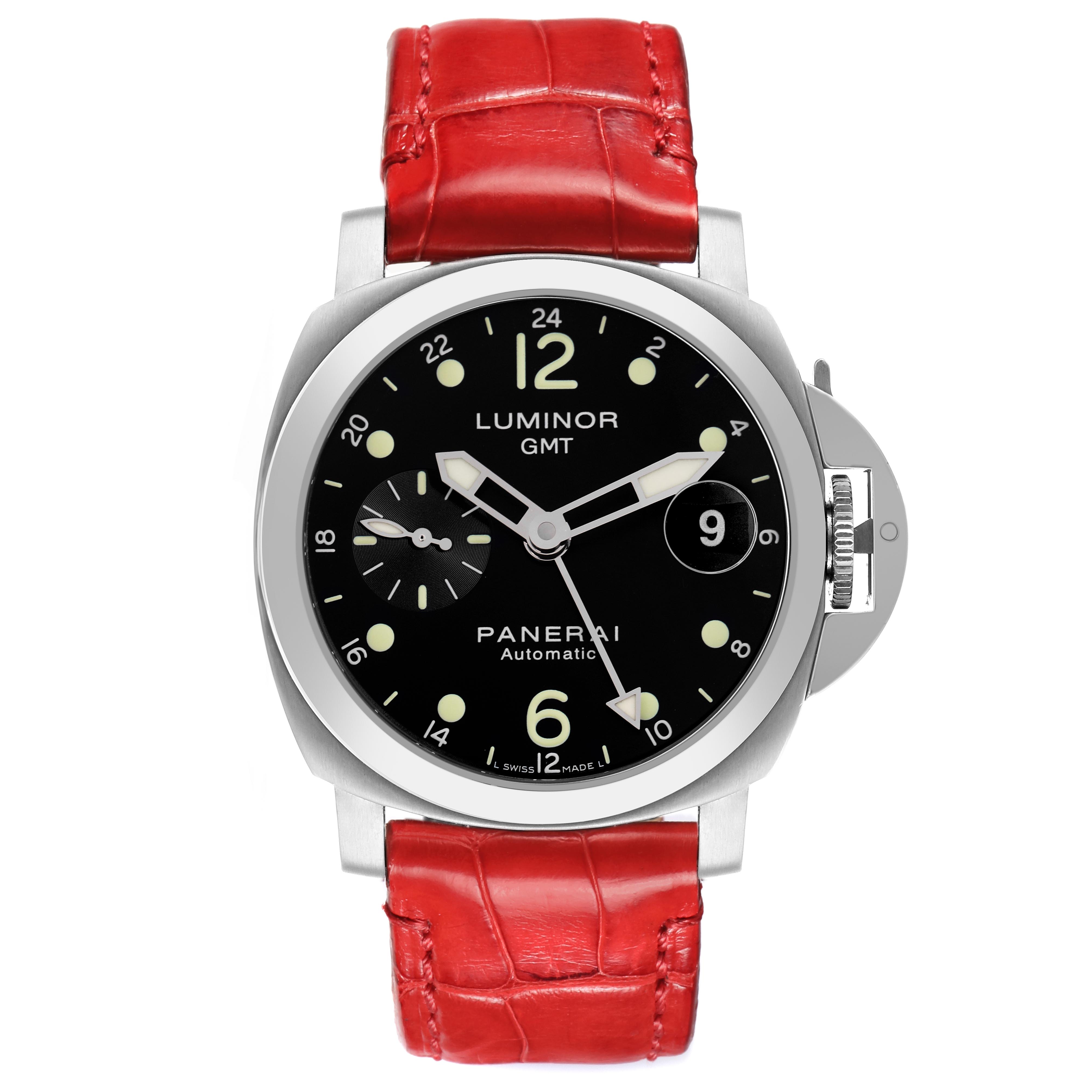 The Panerai Luminor PAM00159 Men
s Stainless Steel Black Dial PAM00159 Men
s Stainless Steel Black Dial watch is shown from the front, displaying its face, dial, hands, and a red leather strap.