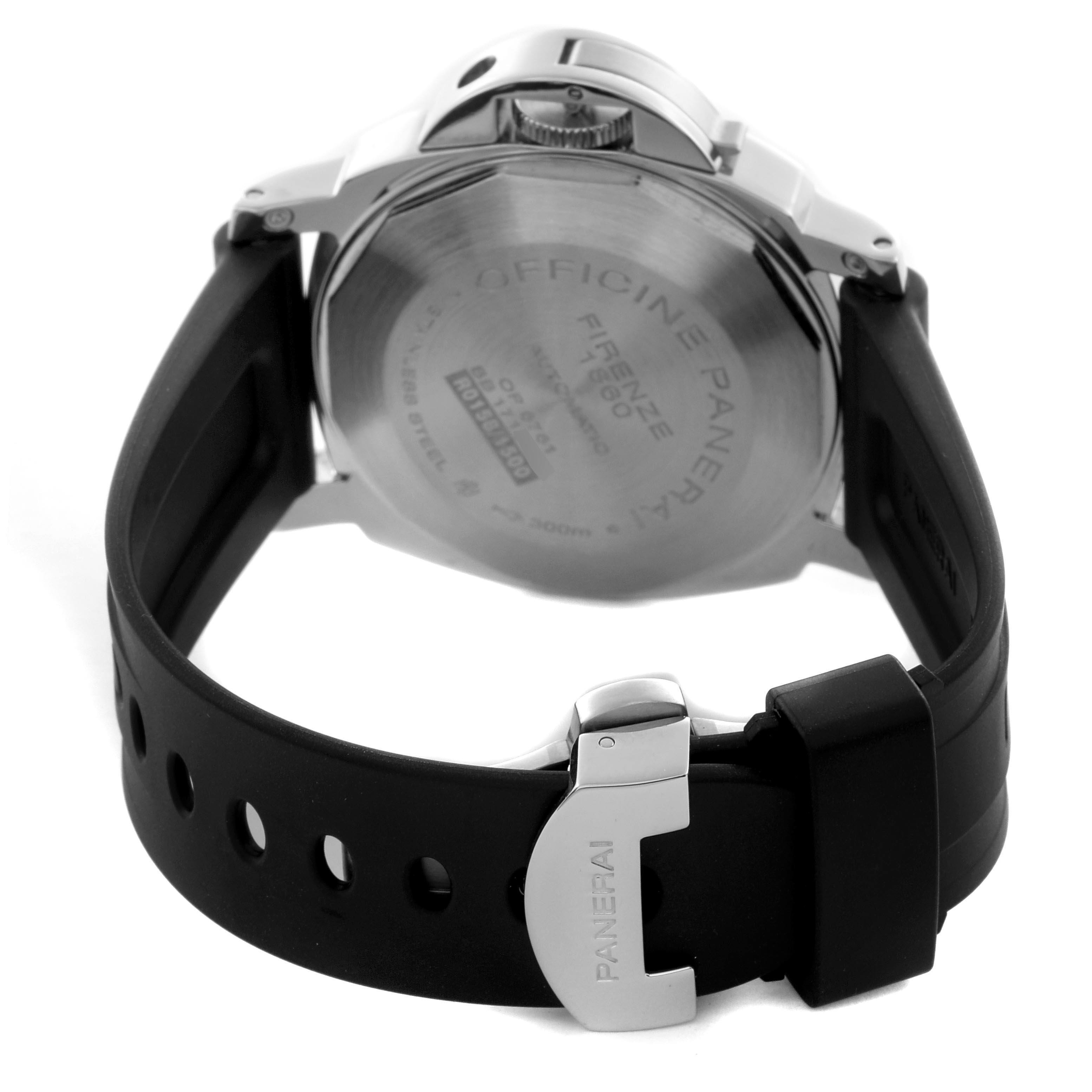 The image shows the back case and strap of a Panerai Luminor PAM00088 Men's Stainless Steel Black Dial PAM00088 Men's Stainless Steel Black Dial watch, highlighting the clasp and engravings.