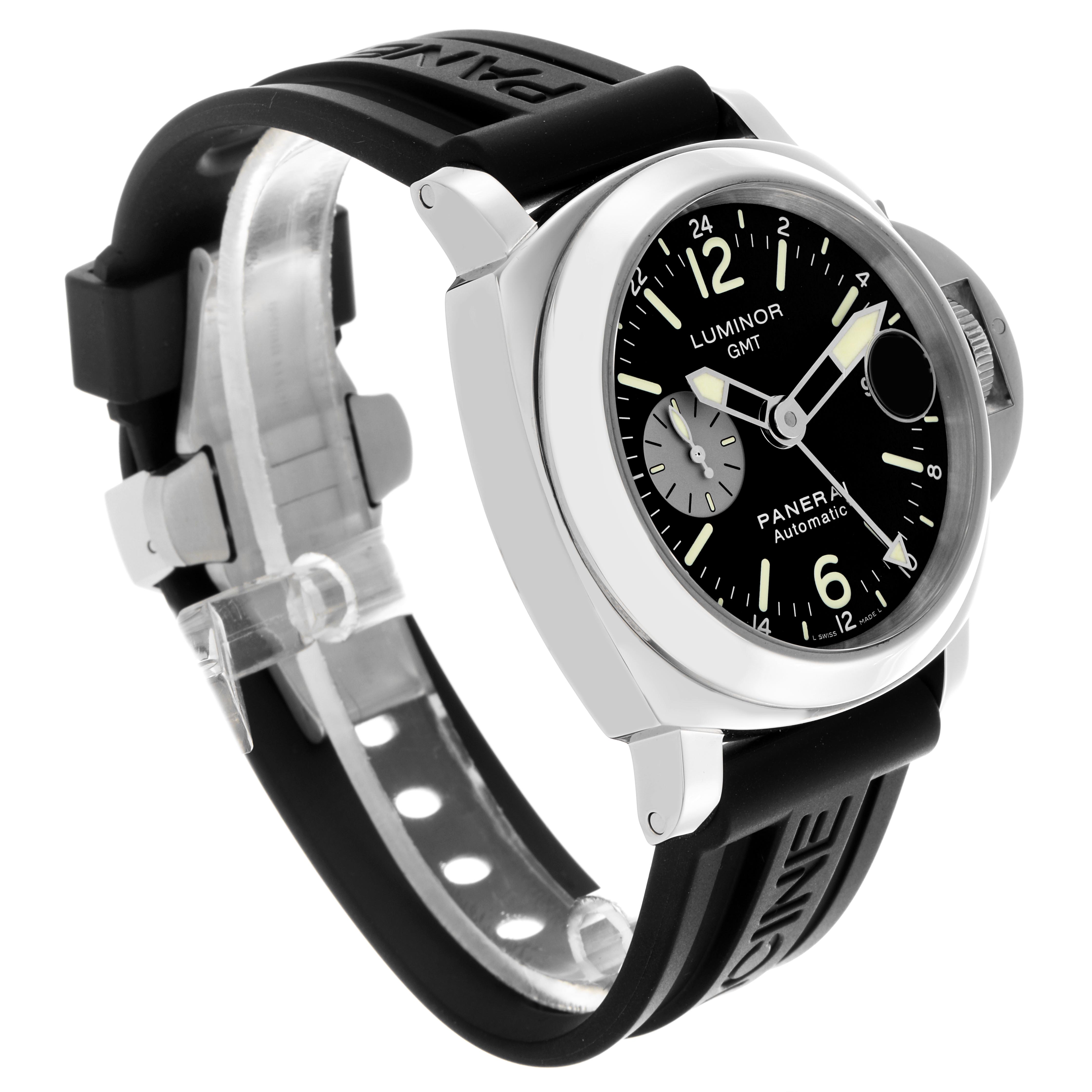 The Panerai Luminor PAM00088 Men's Stainless Steel Black Dial PAM00088 Men's Stainless Steel Black Dial watch is shown at a three-quarter angle, featuring the face, bezel, crown guard, and rubber strap.