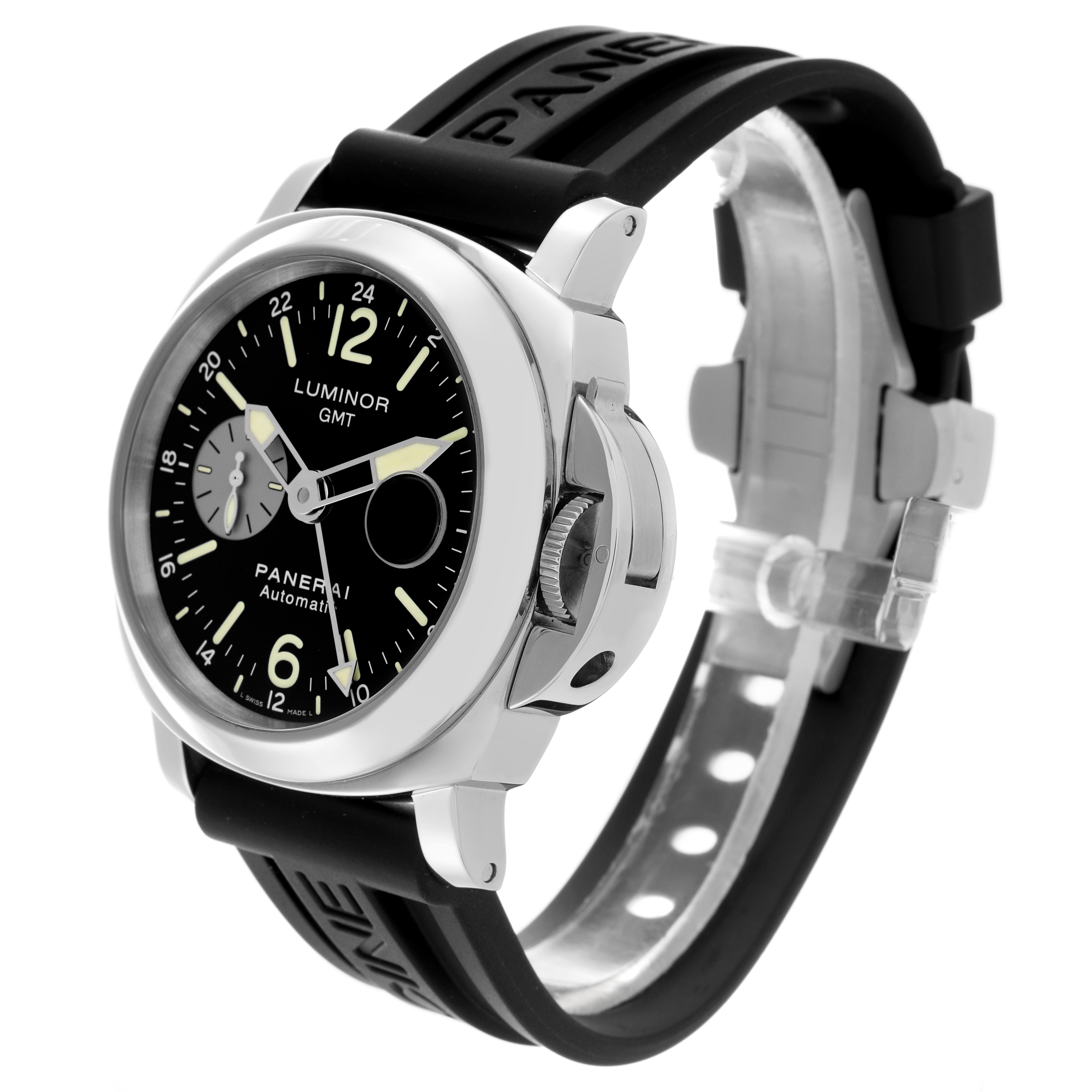 The Panerai Luminor PAM00088 Men's Stainless Steel Black Dial PAM00088 Men's Stainless Steel Black Dial watch is shown at a three-quarter angle highlighting the face, crown guard, and rubber strap.
