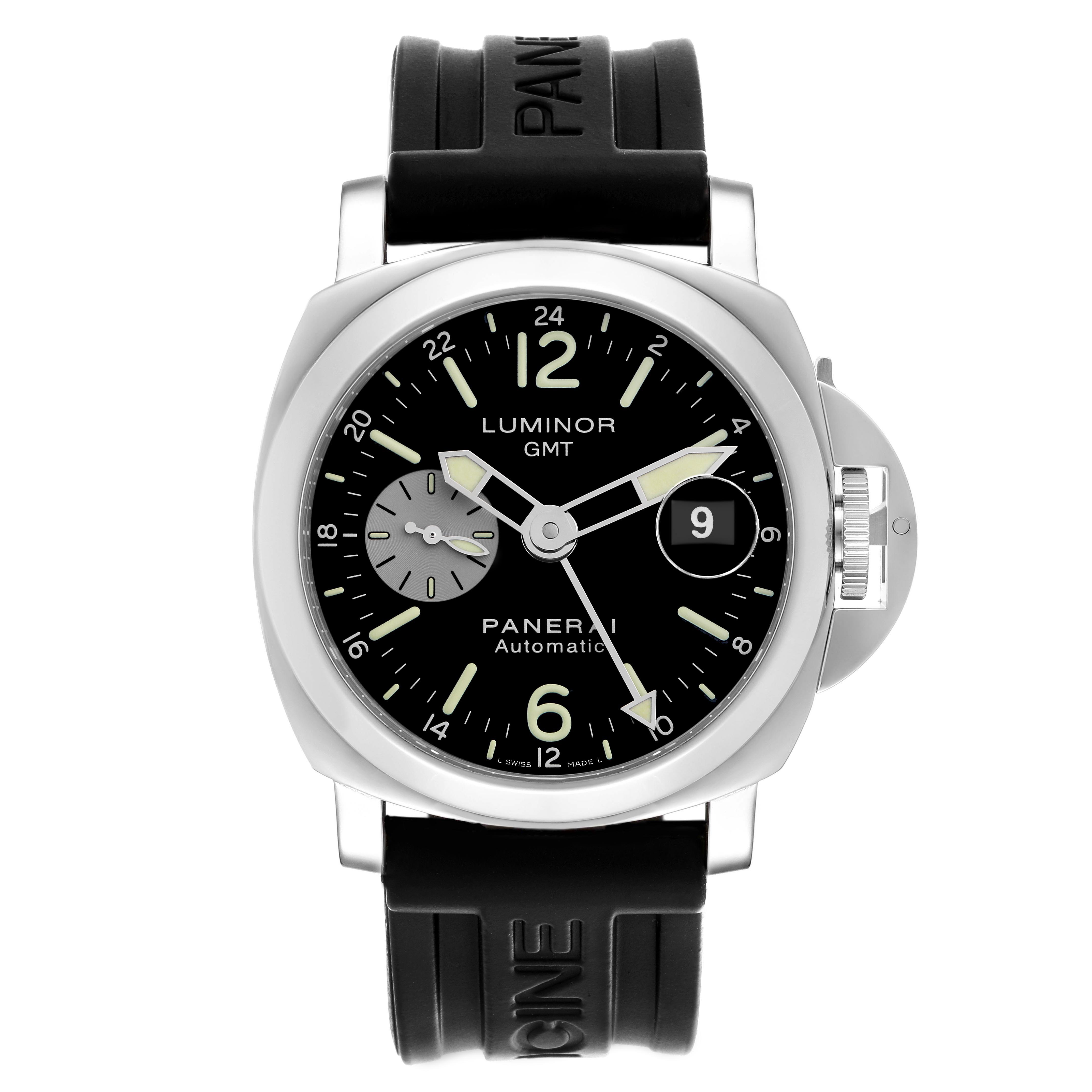 The image shows a front view of the Panerai Luminor PAM00088 Men's Stainless Steel Black Dial PAM00088 Men's Stainless Steel Black Dial watch, featuring the dial, bezel, and rubber strap with brand engraving.