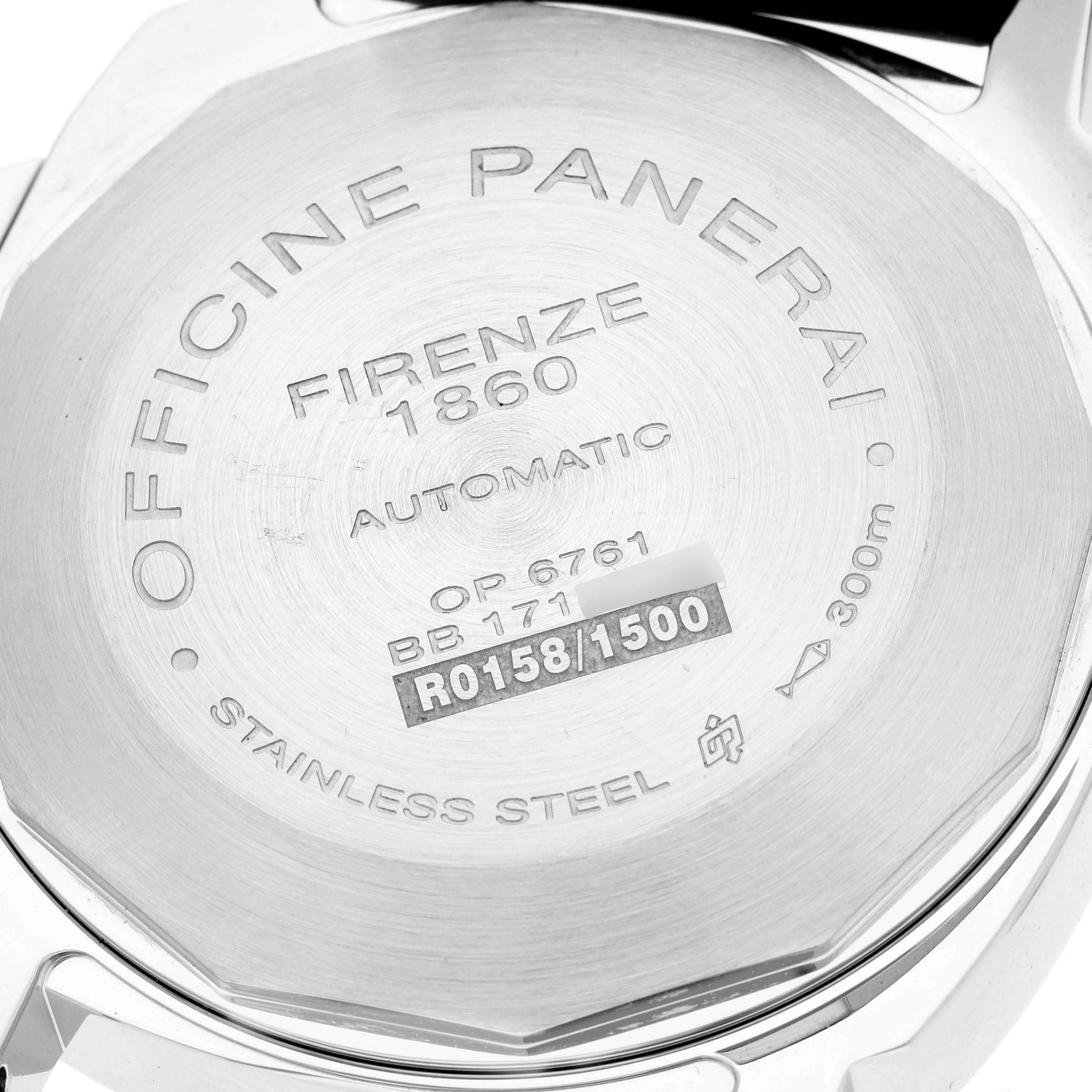 The image shows the back of a Panerai Luminor PAM00088 Men's Stainless Steel Black Dial PAM00088 Men's Stainless Steel Black Dial watch, detailing "Officine Panerai," model numbers, and limited edition information.